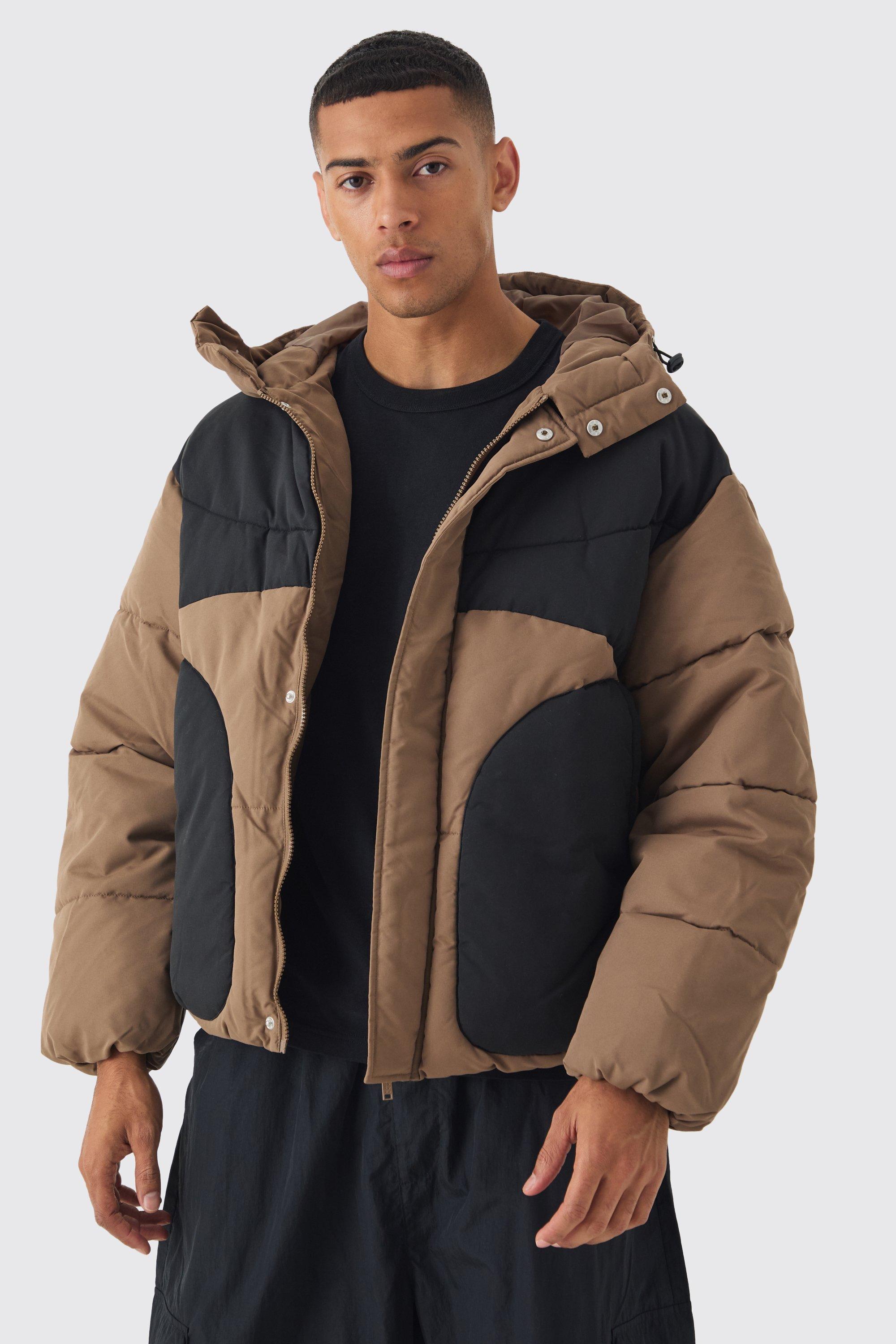 Mens Colour Block Quilted Hooded Puffer In Beige, Beige