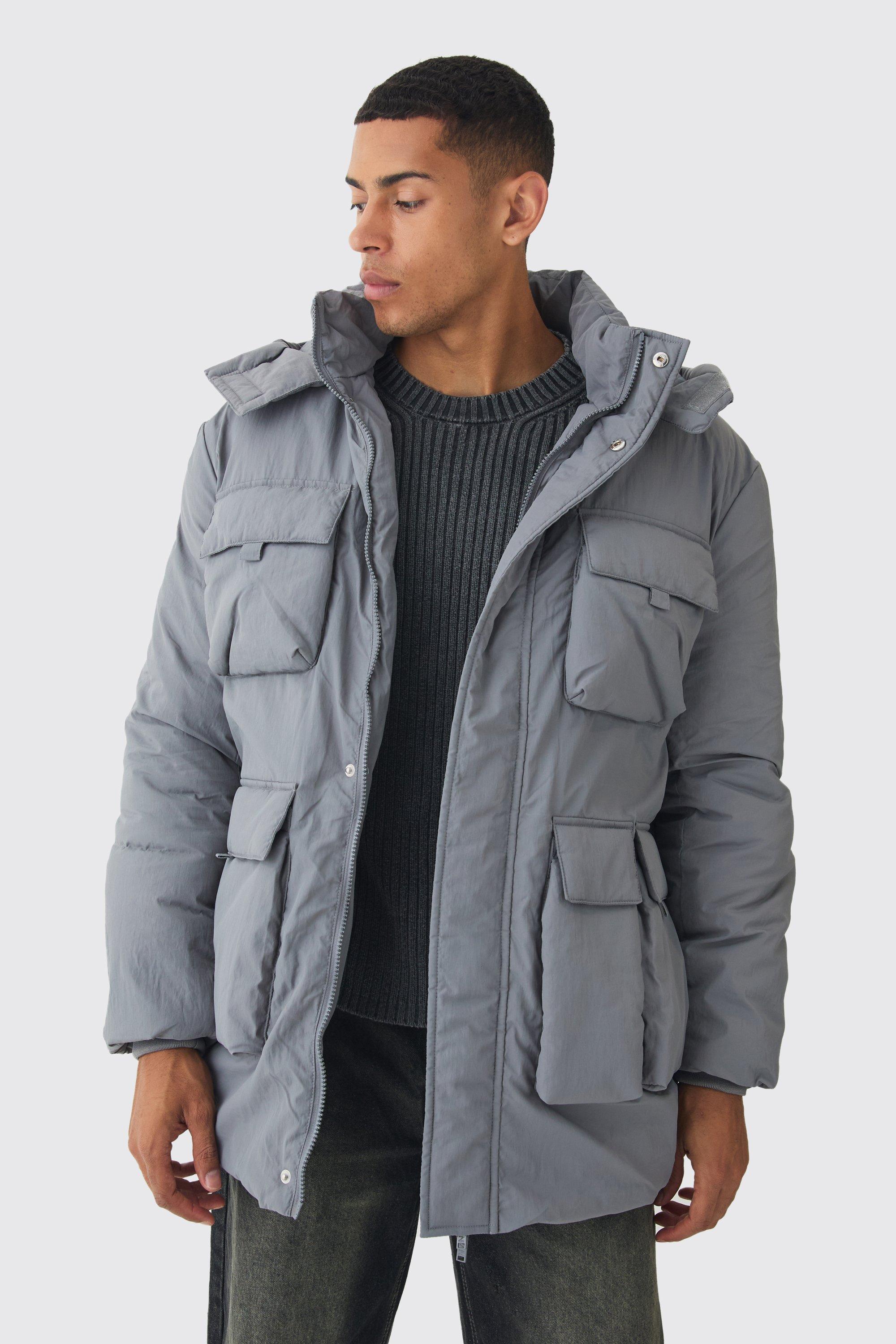 Parka grigio con tasche Utility e cappuccio, Grigio