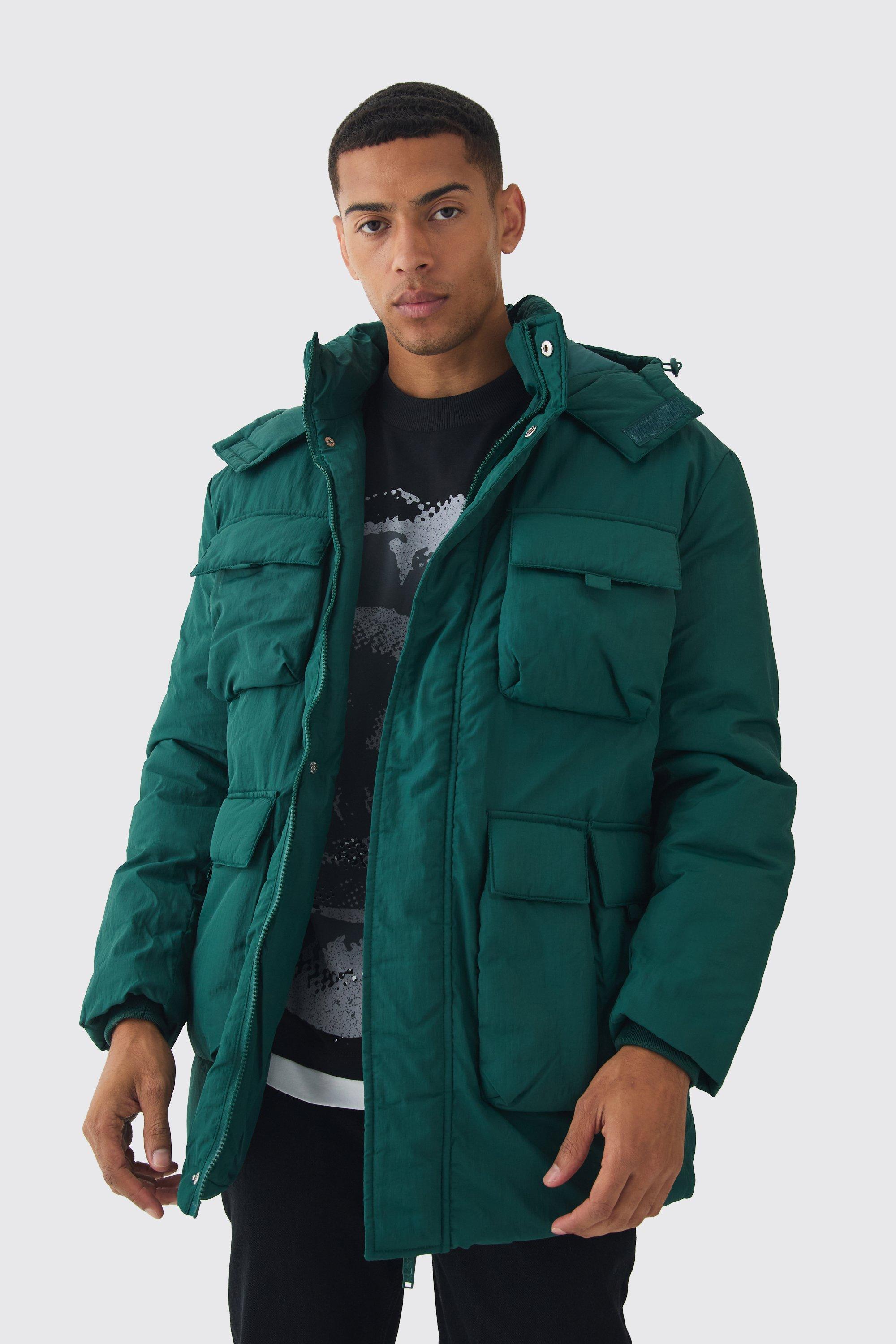 Parka verde con tasche Utility e cappuccio, Verde