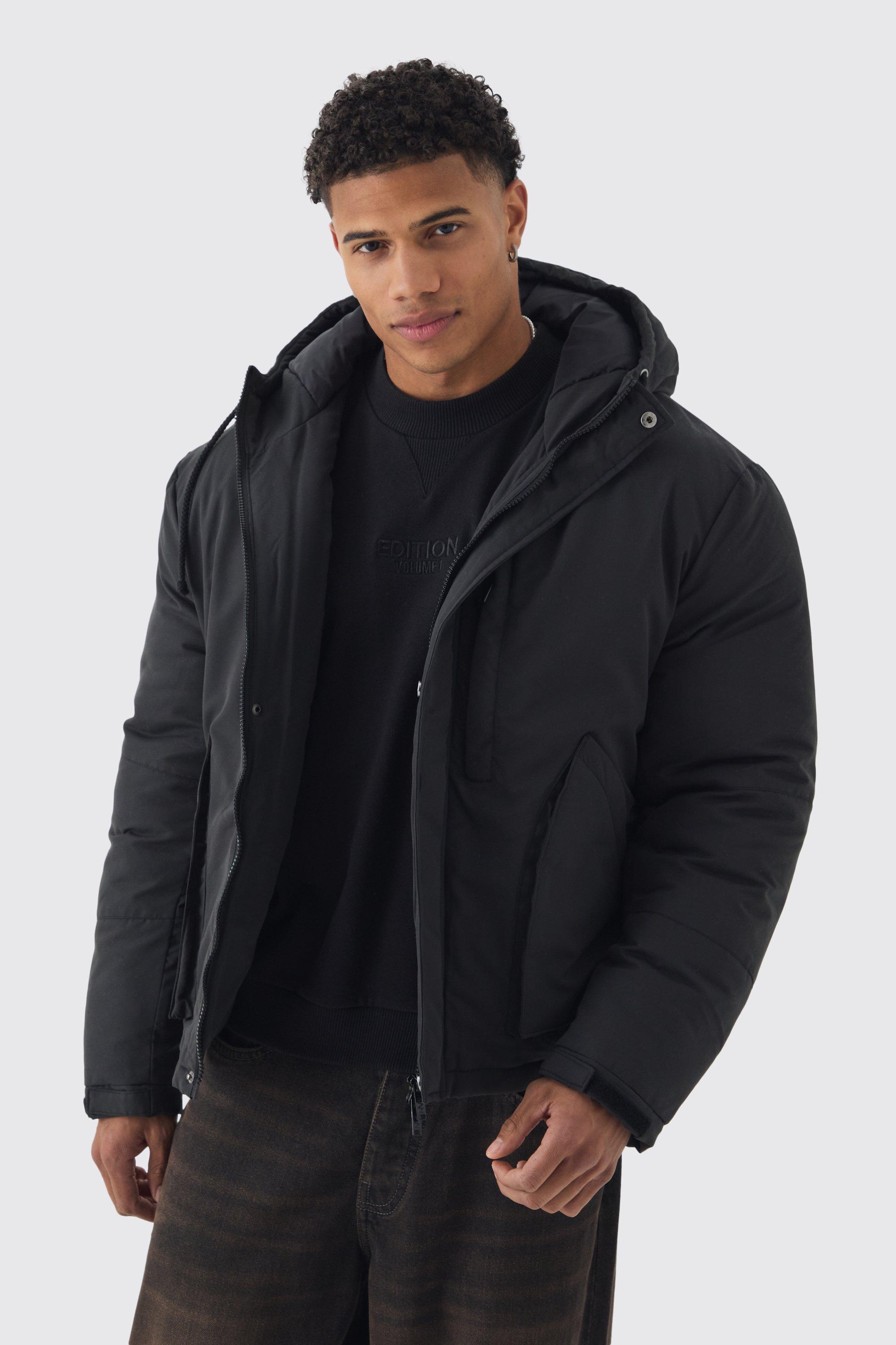Mens Padded Drawcord Hooded Parka Coat In Black, Black