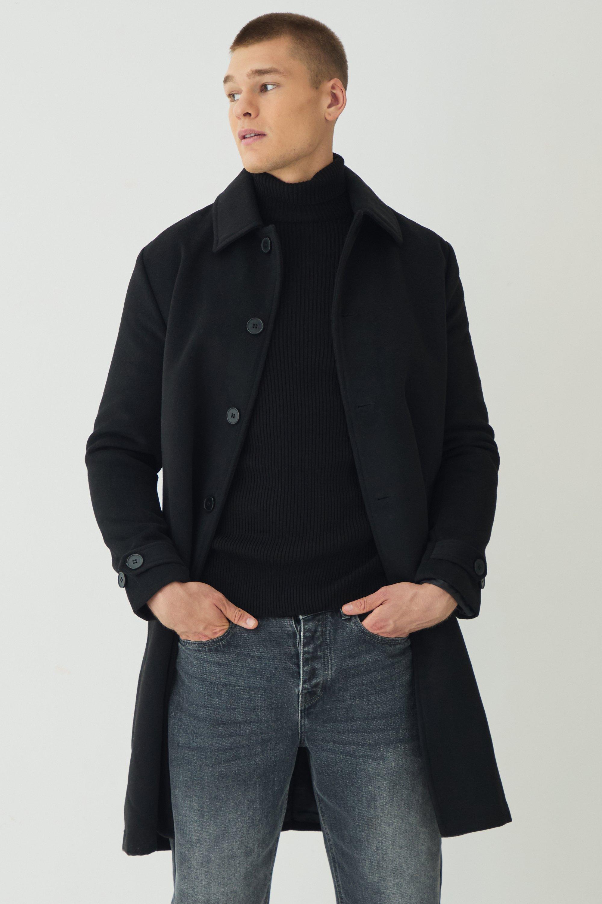 Mens Plain Collared Overcoat In Black, Black