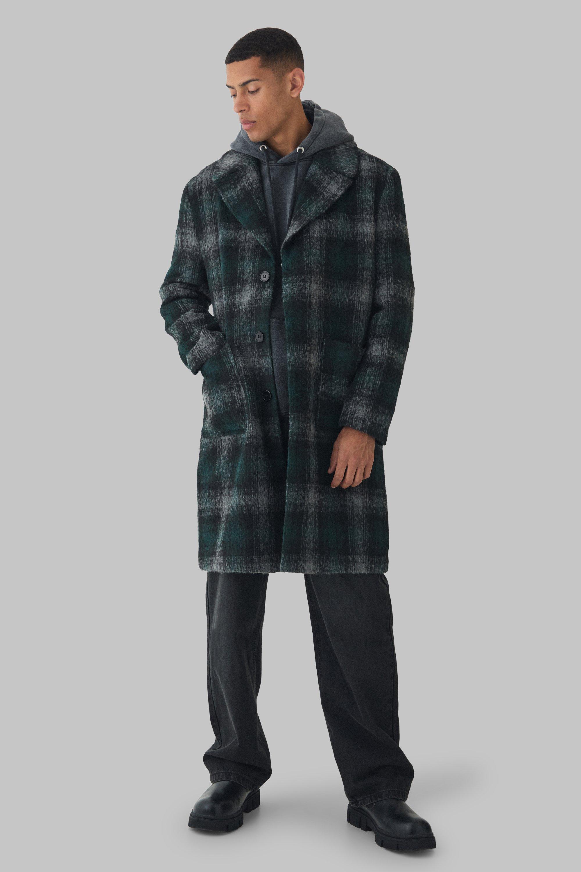 Mens Relaxed Fit Single Breasted Check Overcoat In Green, Green