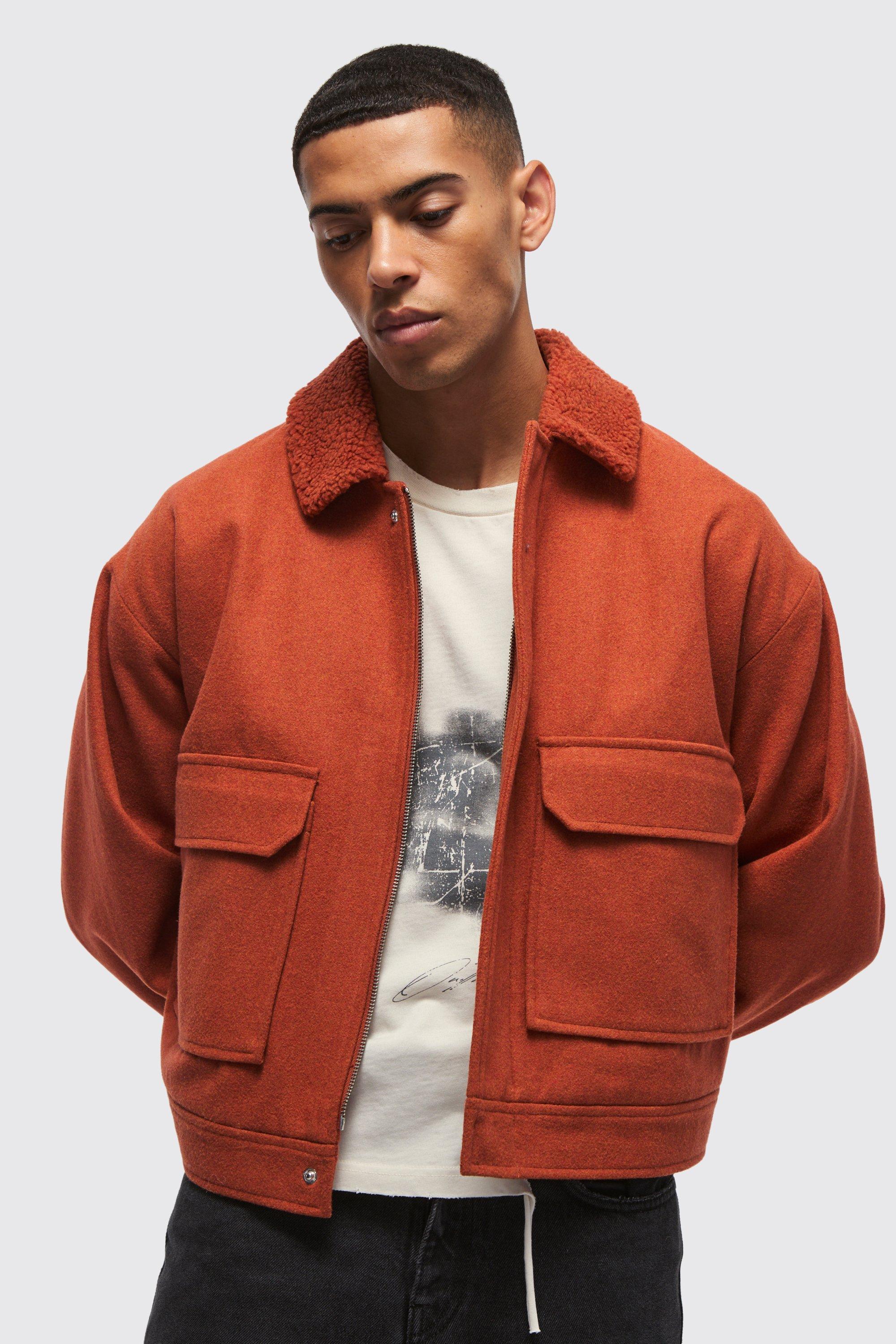 Mens Orange Boxy Borg Collar Harrington Jacket In Rust, Orange