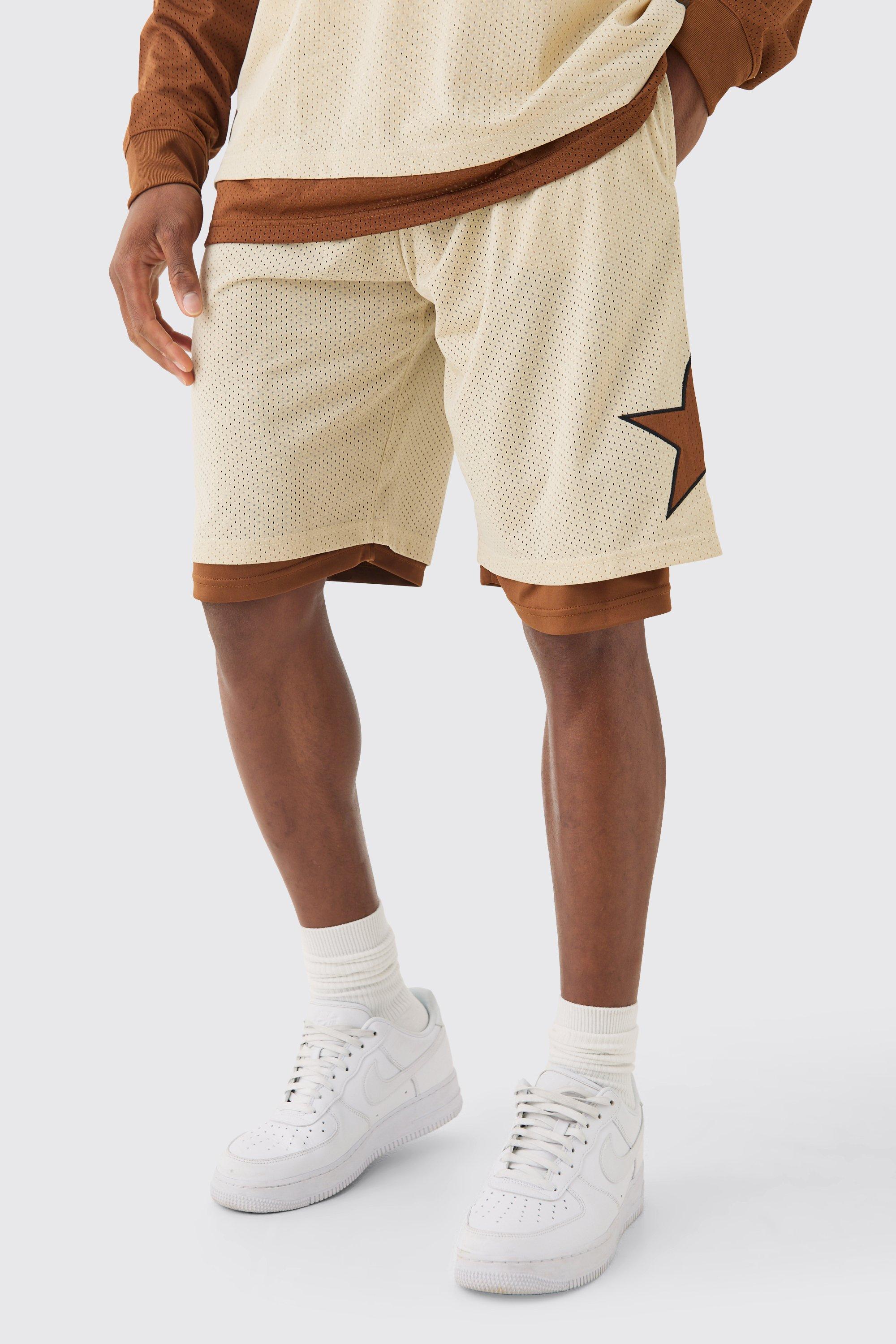 Image of Loose Fit Layered Long Length Basketball Short, Beige