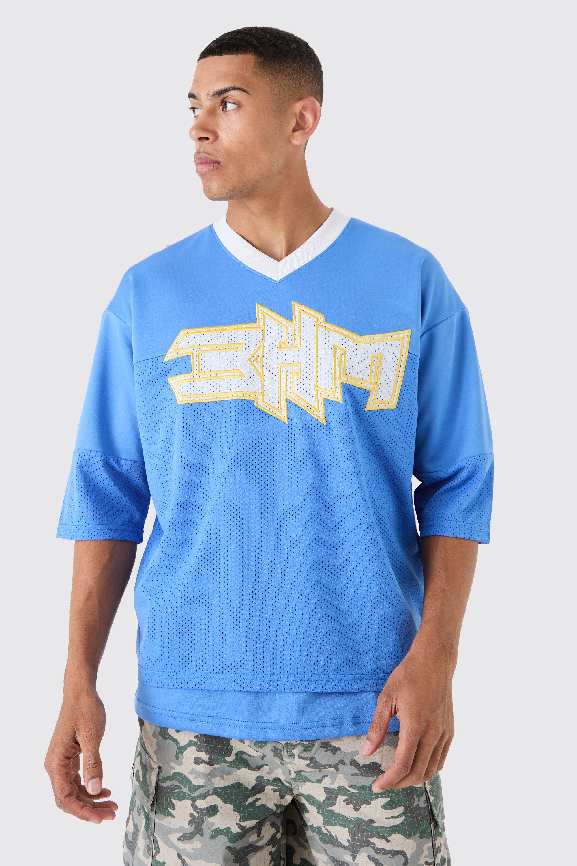 Mens Blue Oversized BHM Satin Mesh Varsity Top, Blue