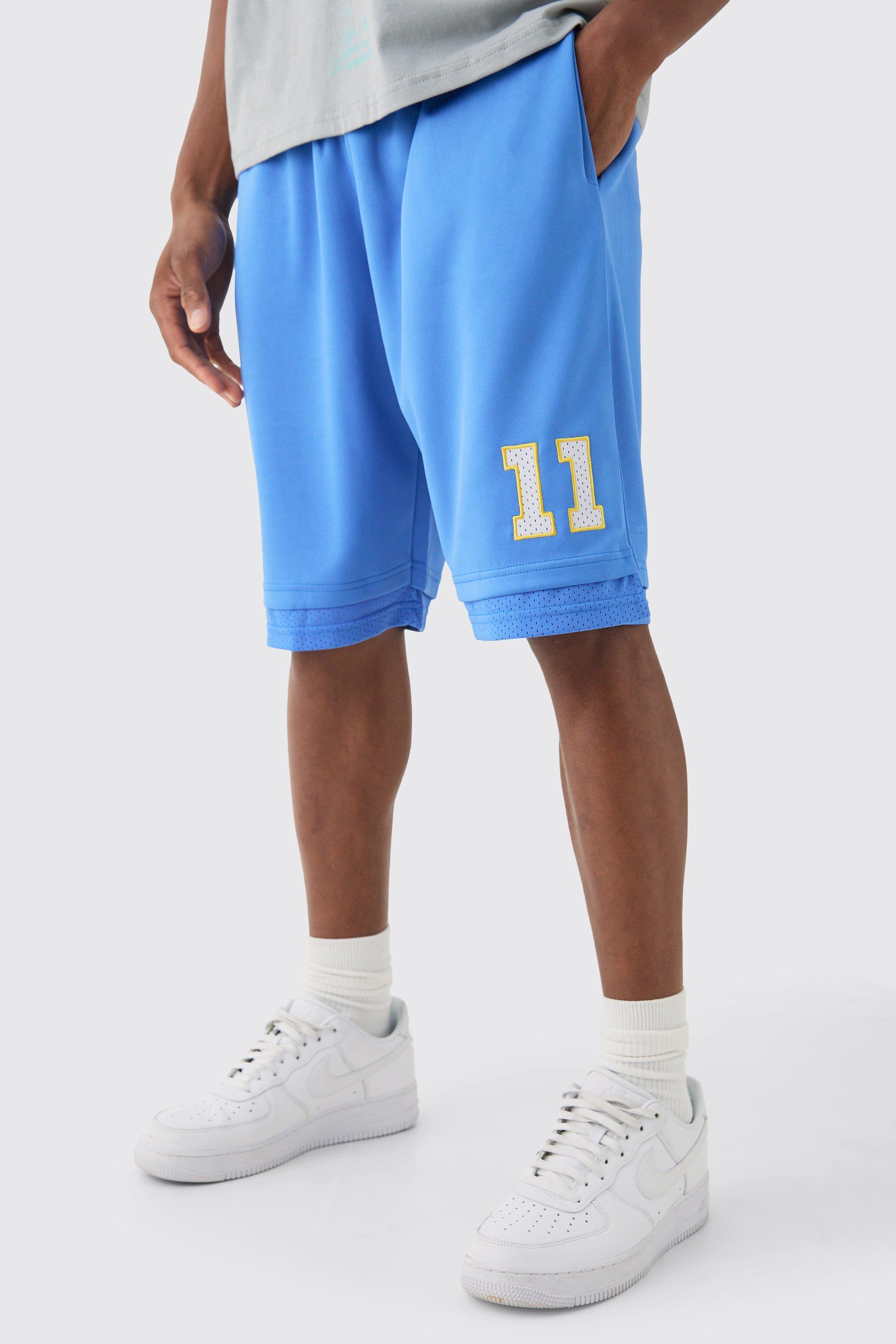 Image of Loose Fit Bhm Satin Mesh Long Length Basketball Shorts, Azzurro