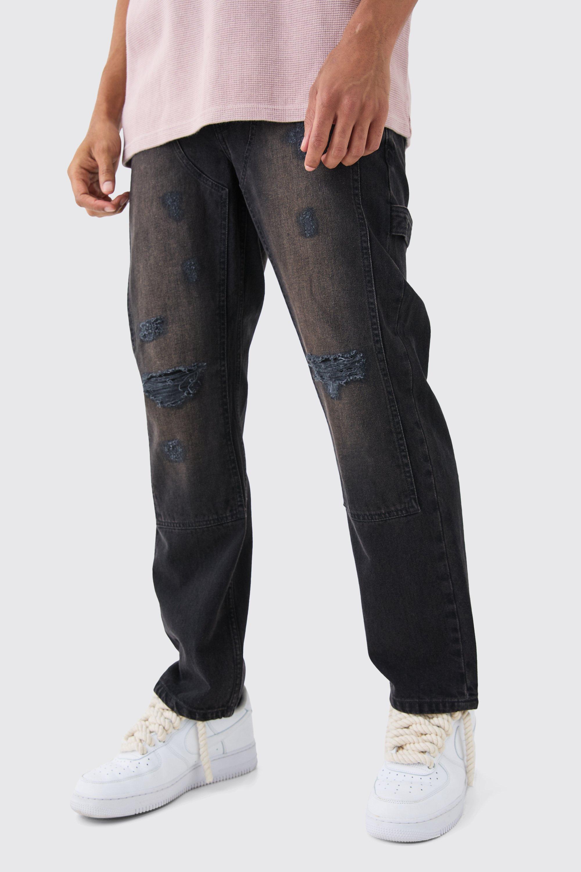 Image of Relaxed Rigid Ripped Knee Carpenter Jeans In Washed Black, Nero