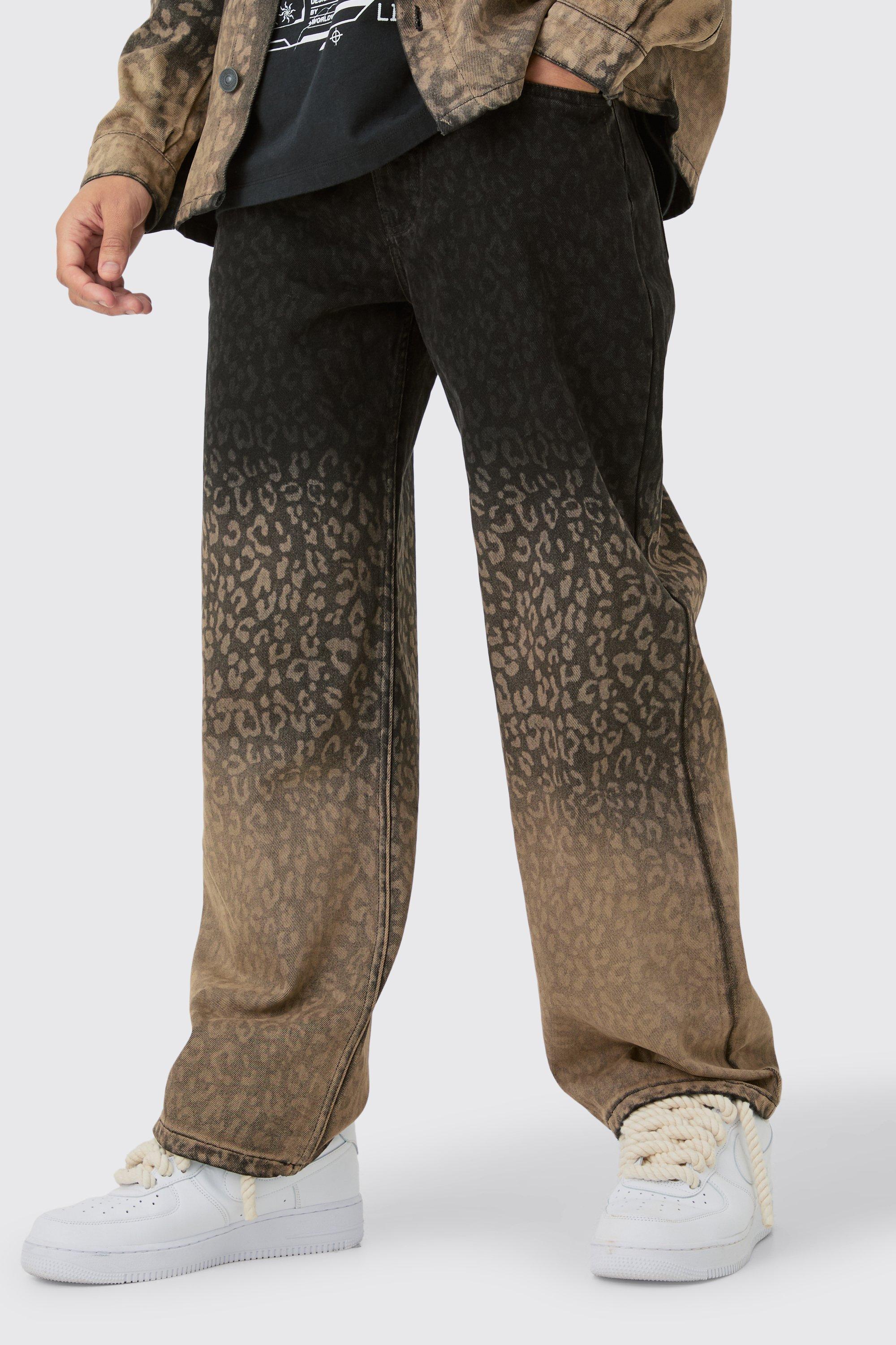 Mens Baggy Rigid Leopard Print Jeans In Tinted Black, Black