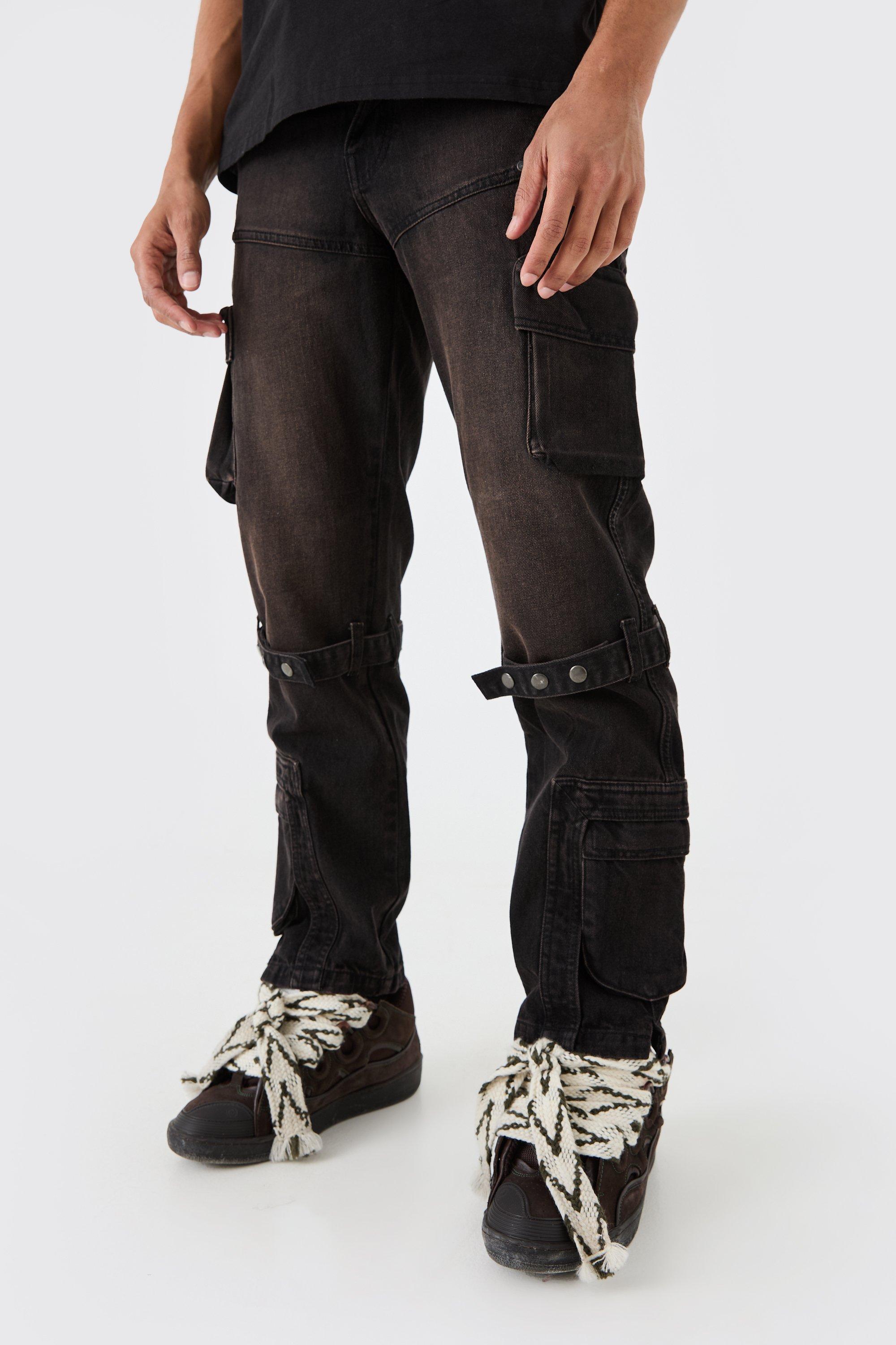 Mens Relaxed Rigid Strap Detail Cargo Jeans In Washed Black, Black