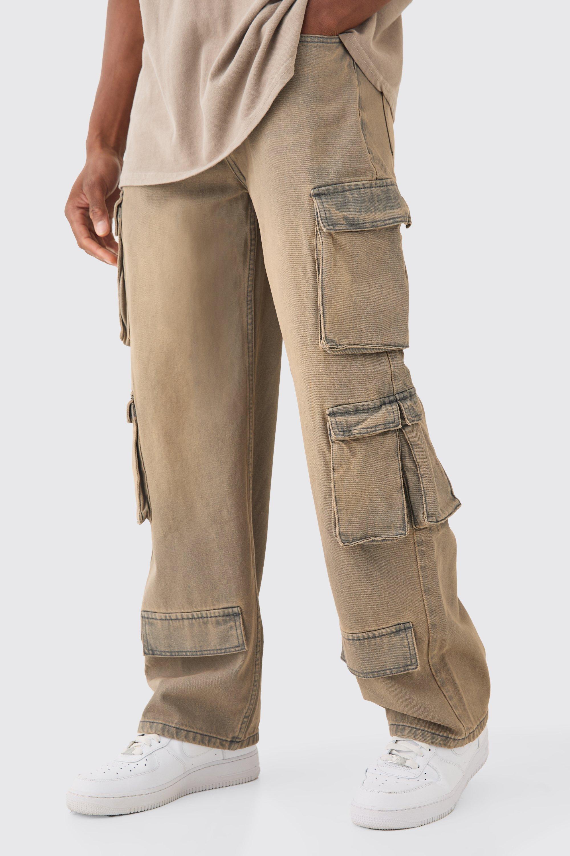 Boohoo Baggy Rigid Grey Tinted Multi Cargo Pocket Jeans, Grey