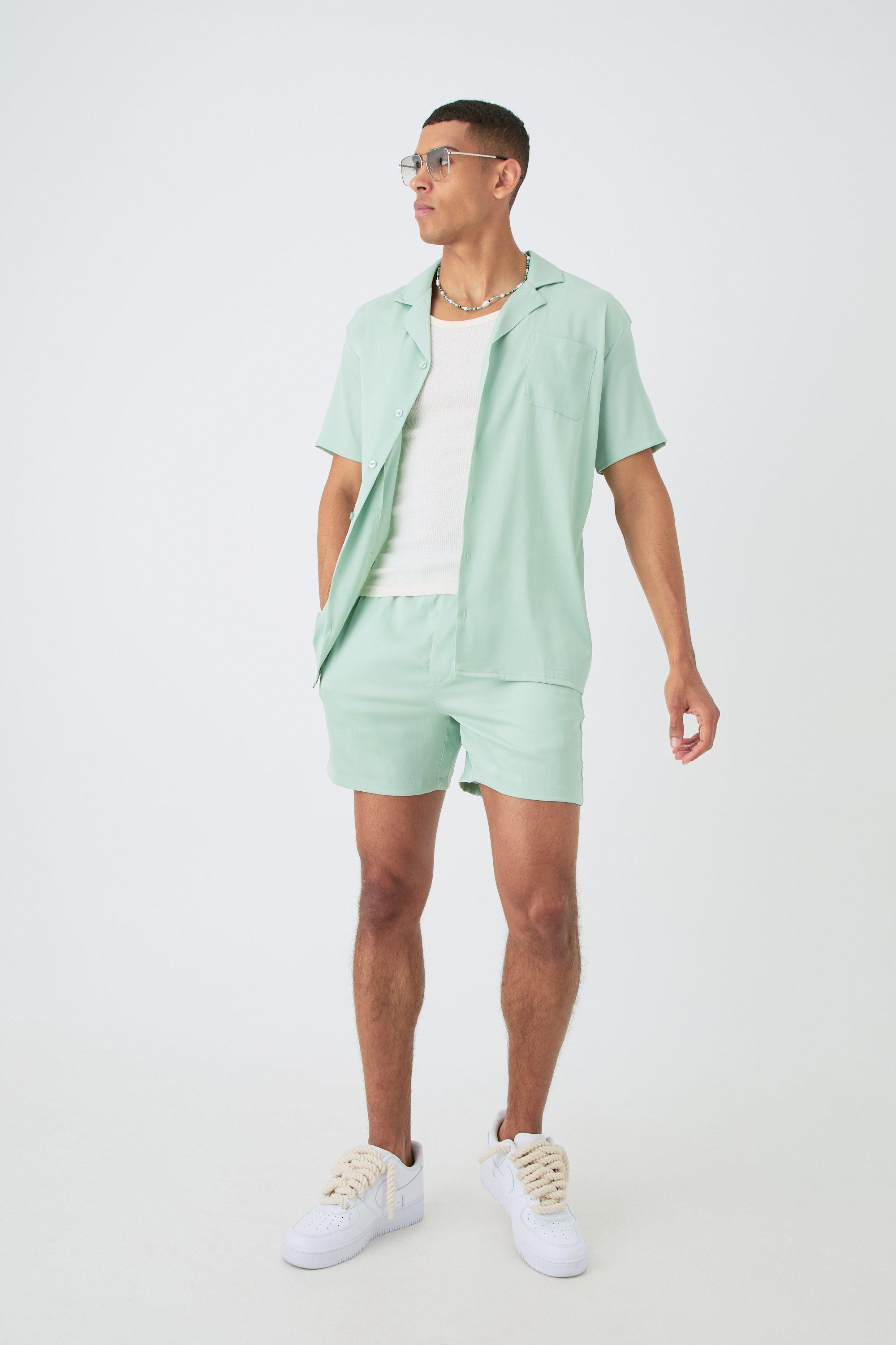 Image of Oversized Short Sleeve Satin Shirt & Short Set, Verde