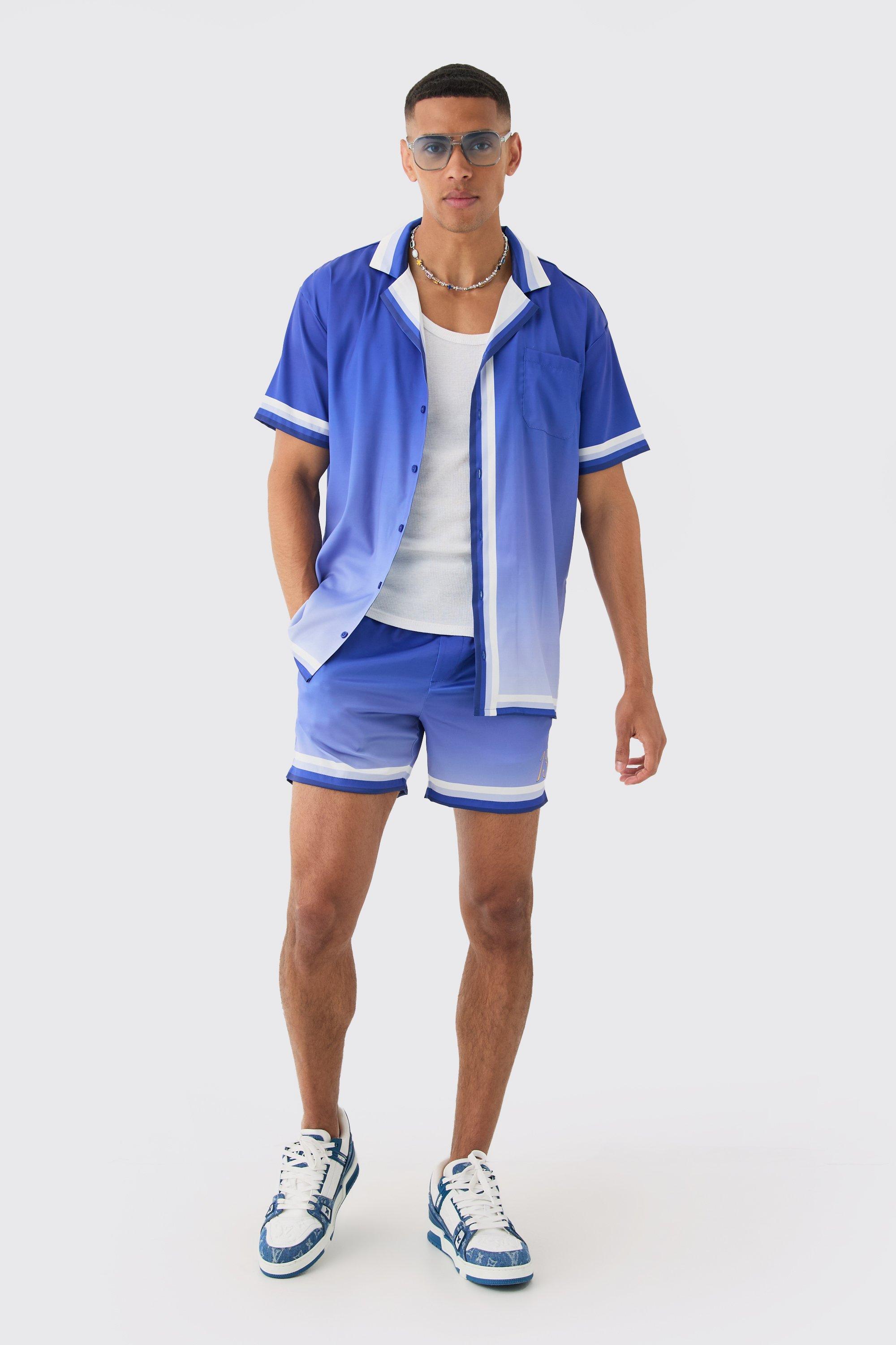 Image of Oversized Ombre Short Sleeve Satin Shirt & Short Set, Azzurro