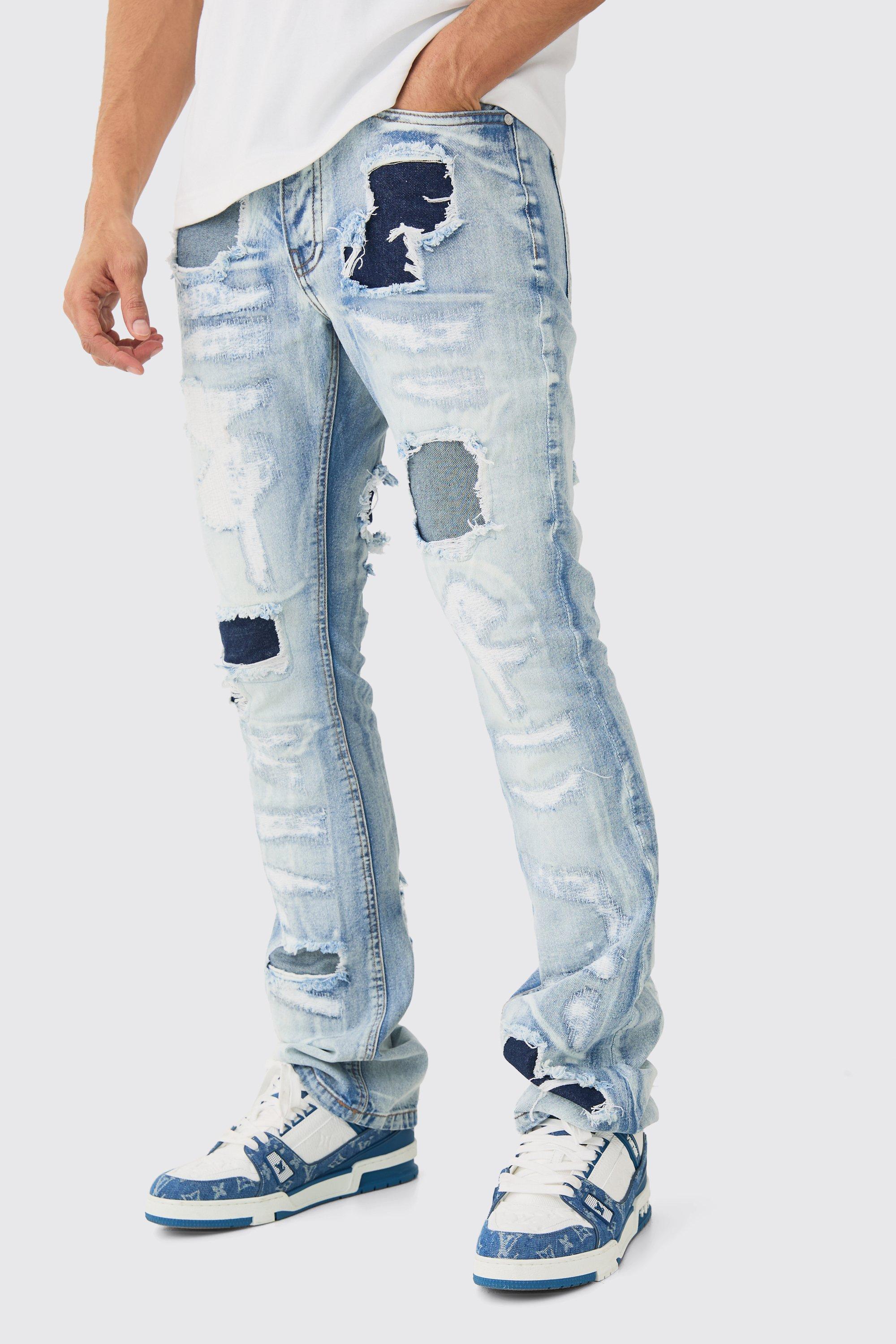Image of Slim Rigid Flare Stacked Rip & Repair Jeans In Ice Blue, Azzurro