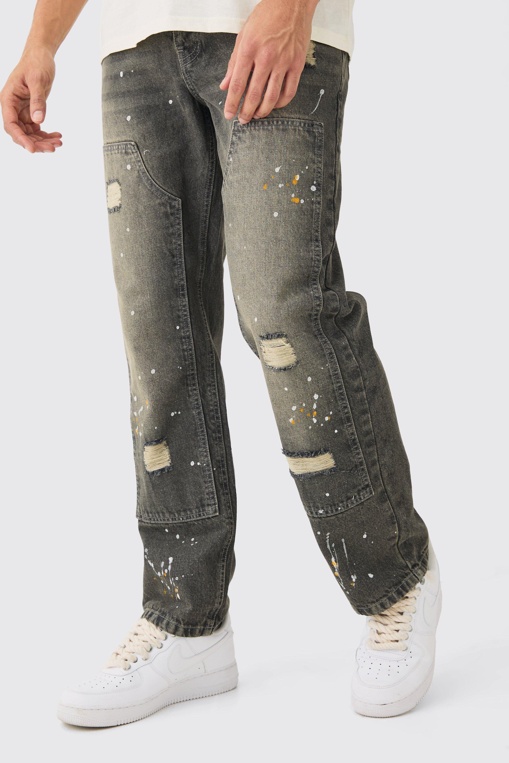 Mens Relaxed Rigid Ripped Carpenter Paint Splatter Jeans In Antique Grey, Grey