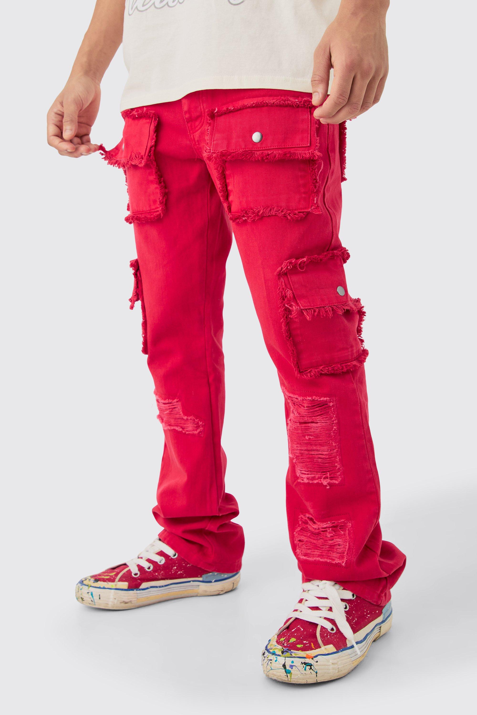 Image of Slim Rigid Flare Distressed Pocket Jeans In Red, Rosso