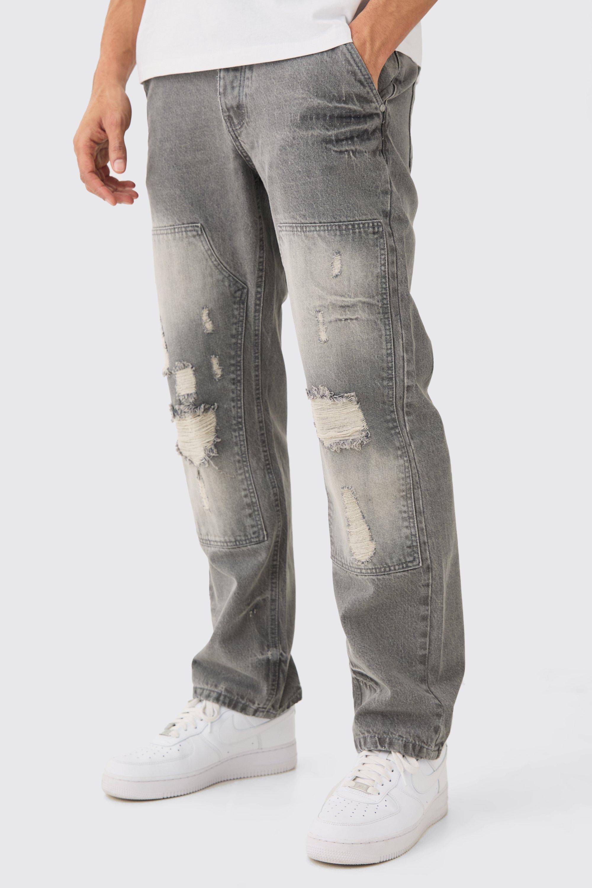 Image of Relaxed Rigid Ripped Carpenter Jeans In Mid Grey, Grigio