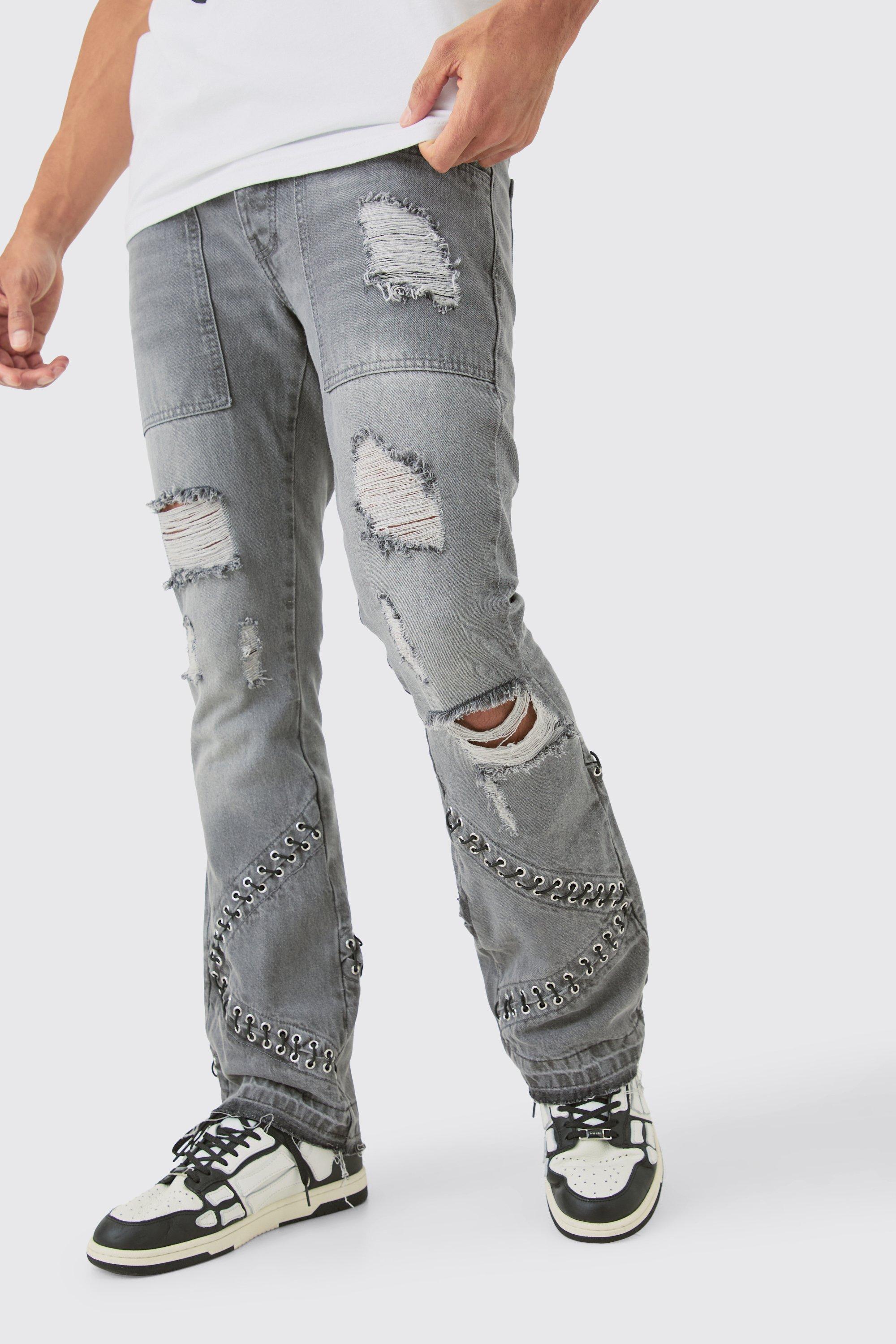 Boohoo Slim Rigid Flare Hardware Jeans In Light Grey, Grey