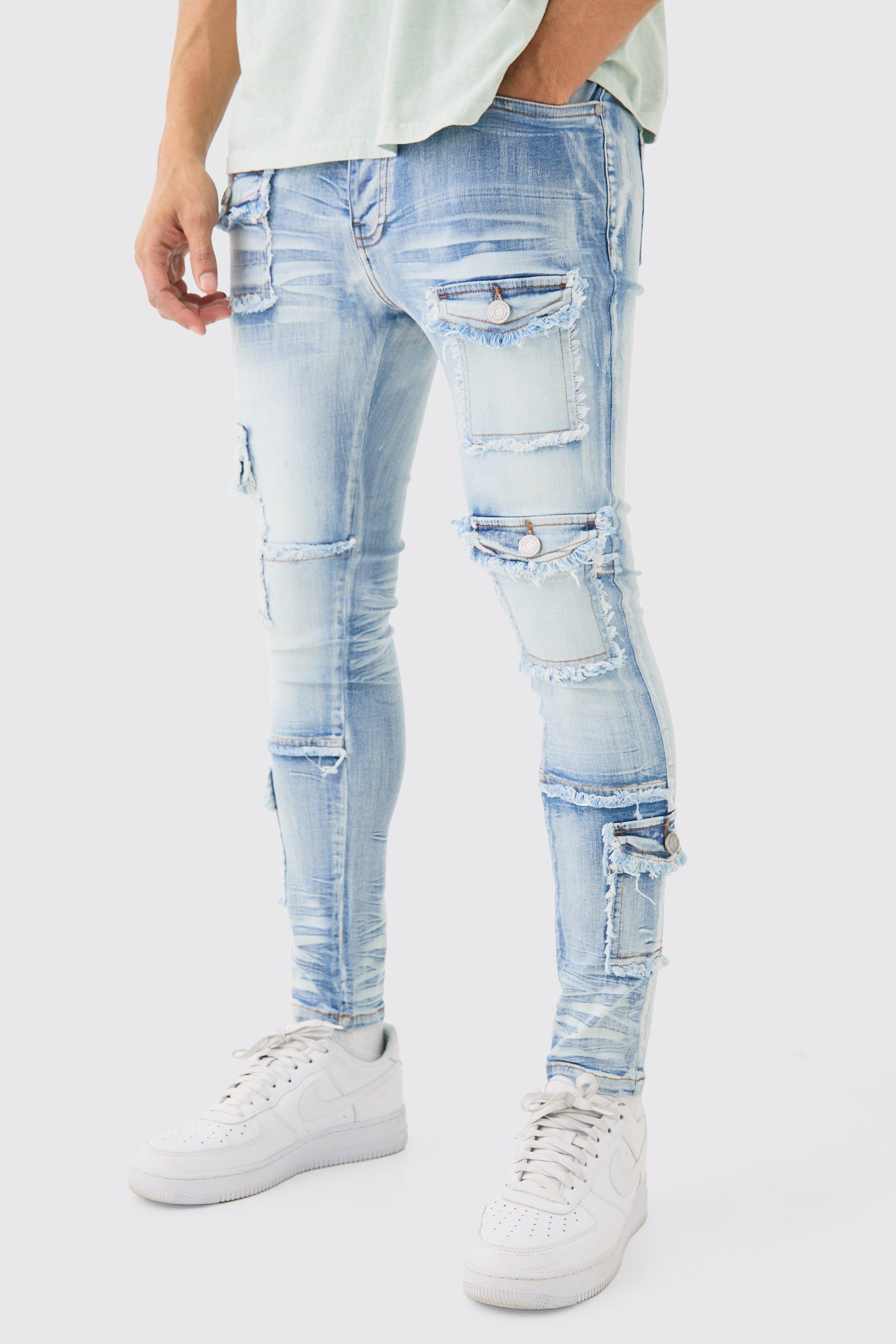 Boohoo Super Skinny Stretch Distressed Multi Pocket Jeans In Light Blue, Light Blue