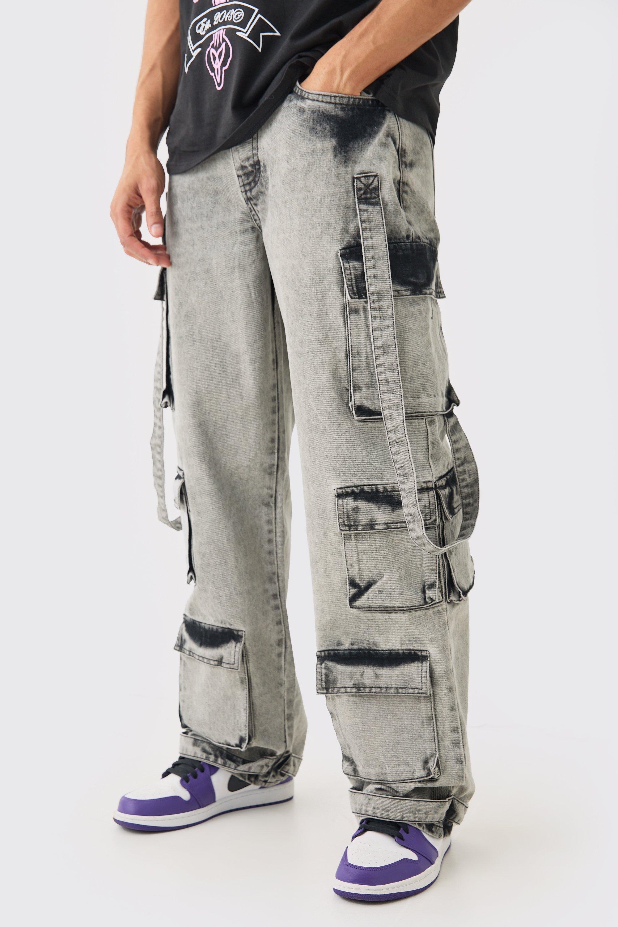 Image of Baggy Rigid Multi Pocket Acid Washed Jeans In Charcoal, Grigio