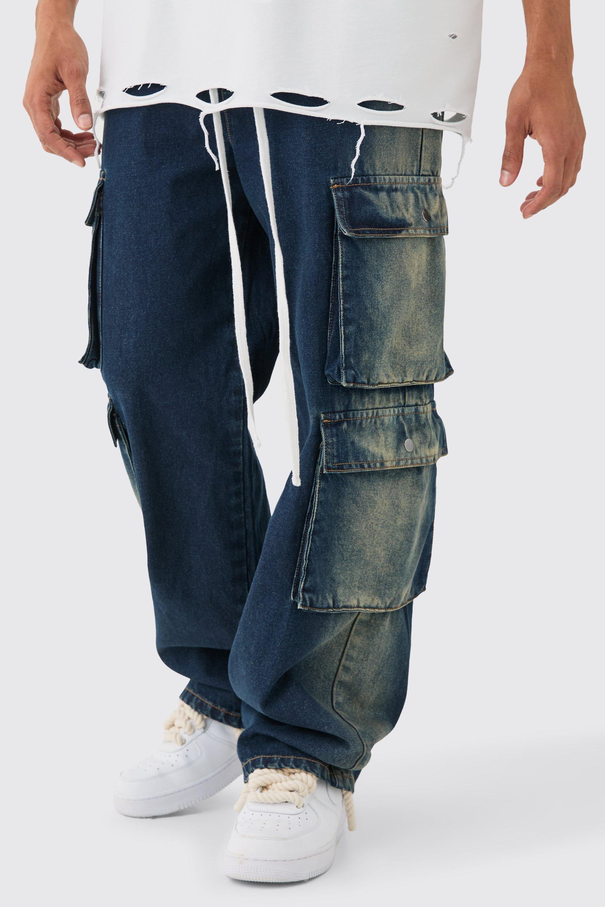 Image of Baggy Rigid Elastic Waist Acid Washed Cargo Jeans In Antique Blue, Azzurro