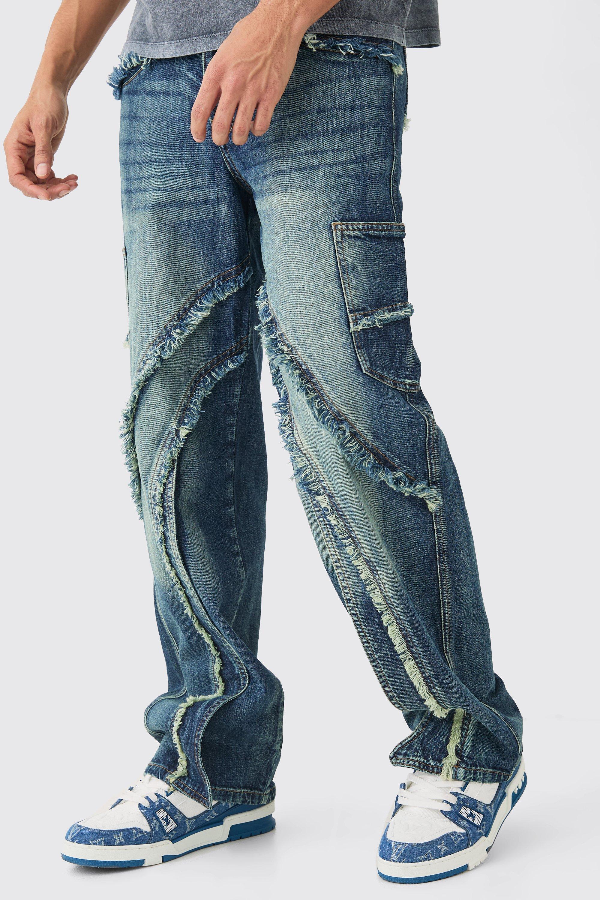 Image of Baggy Distressed Panelled Cargo Jeans In Mid Blue, Azzurro