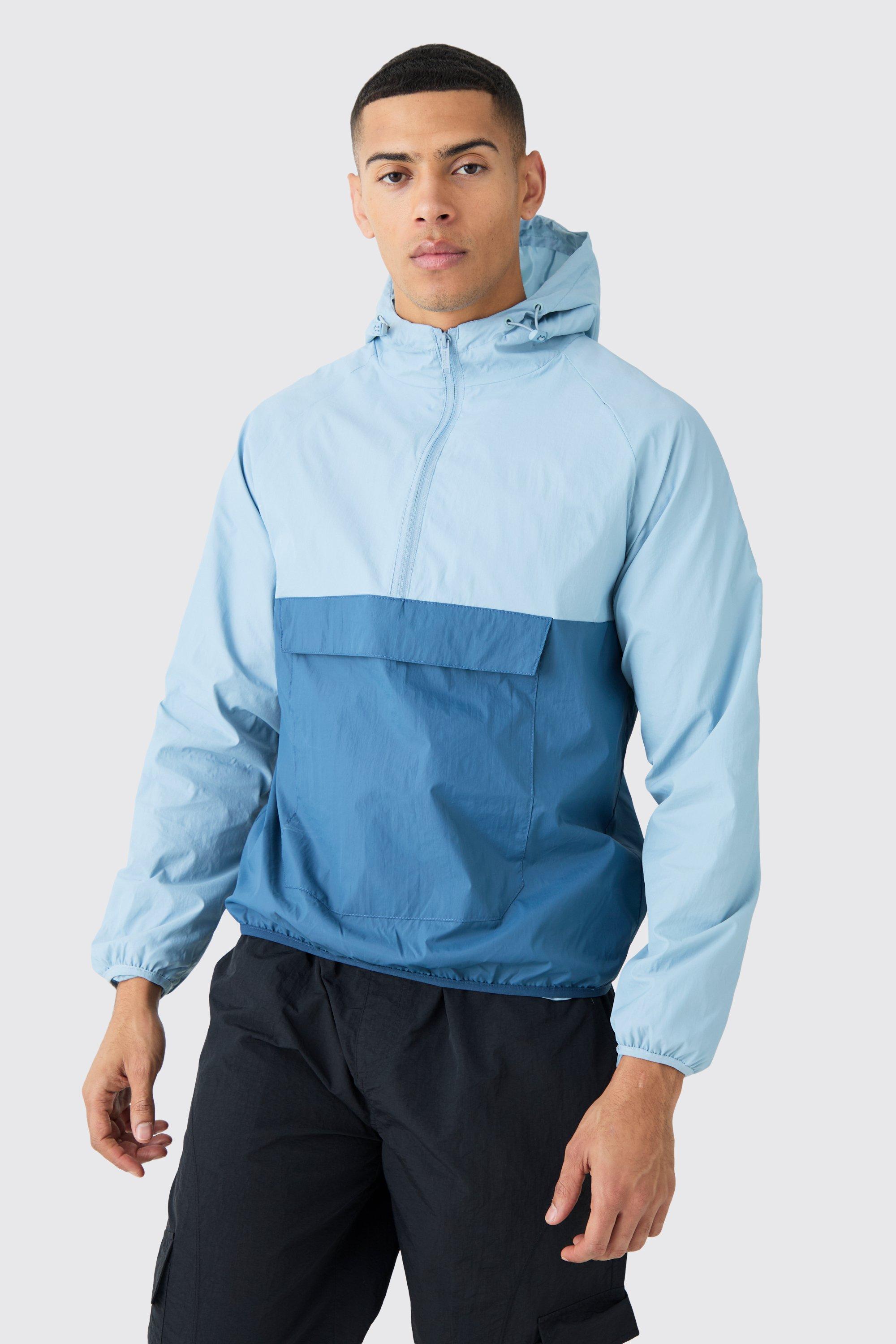 Image of Impermeabile con zip corta a blocchi di colore e cappuccio, Azzurro