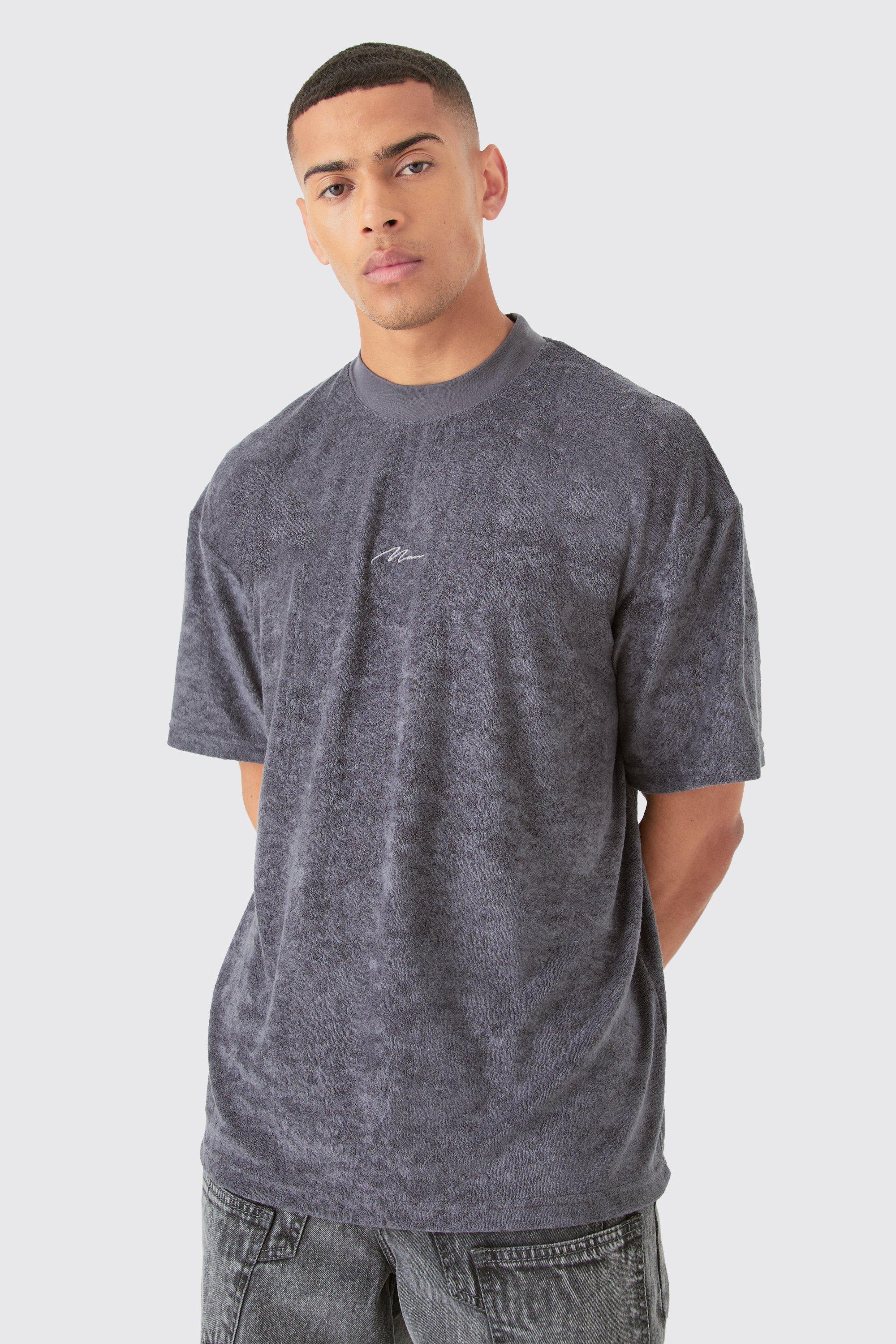 Image of Oversized Extended Neck Towelling Man Signature T-shirt, Grigio
