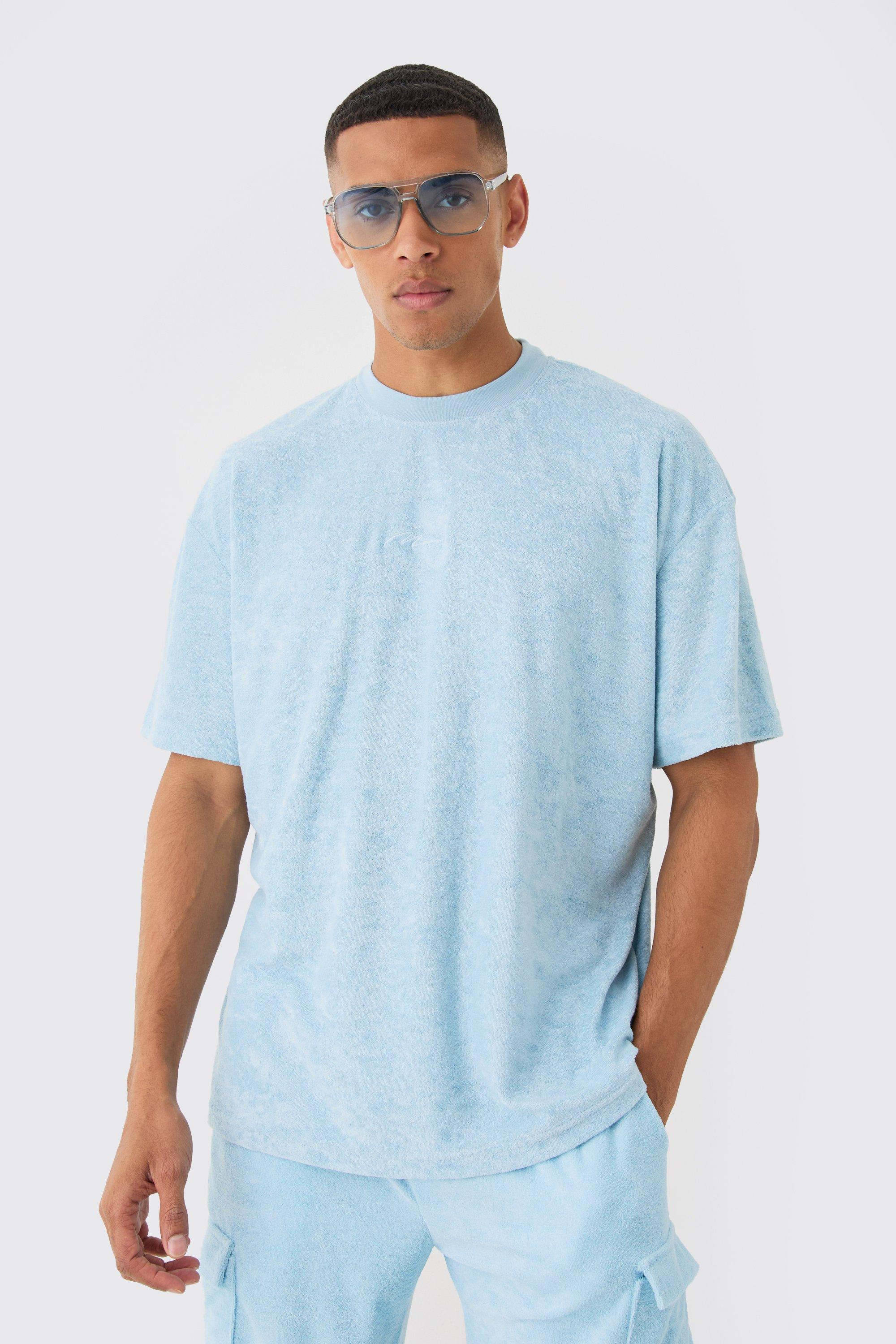 Image of Oversized Extended Neck Towelling Man Signature T-shirt, Azzurro
