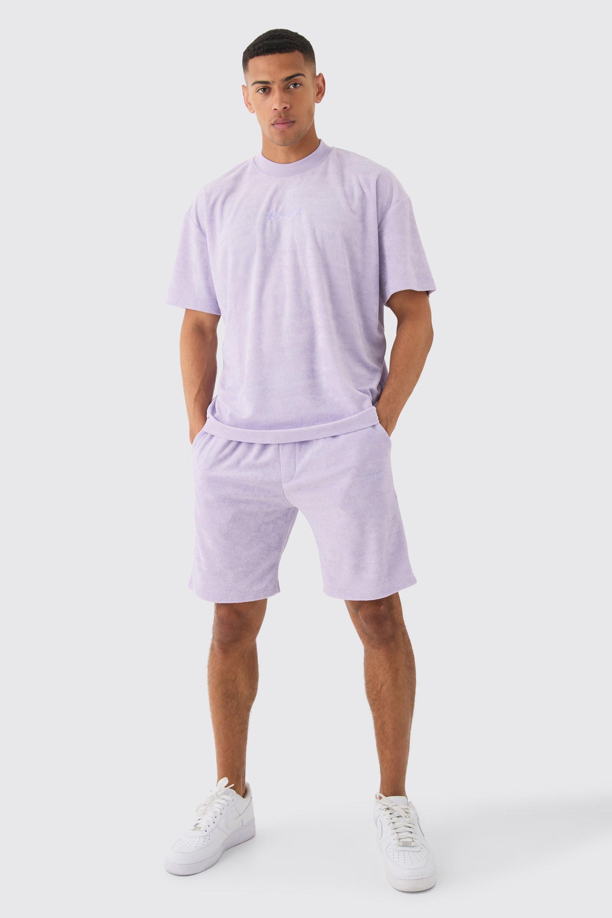 Image of Oversized Extended Neck Towelling Homme T-shirt & Shorts, Purple