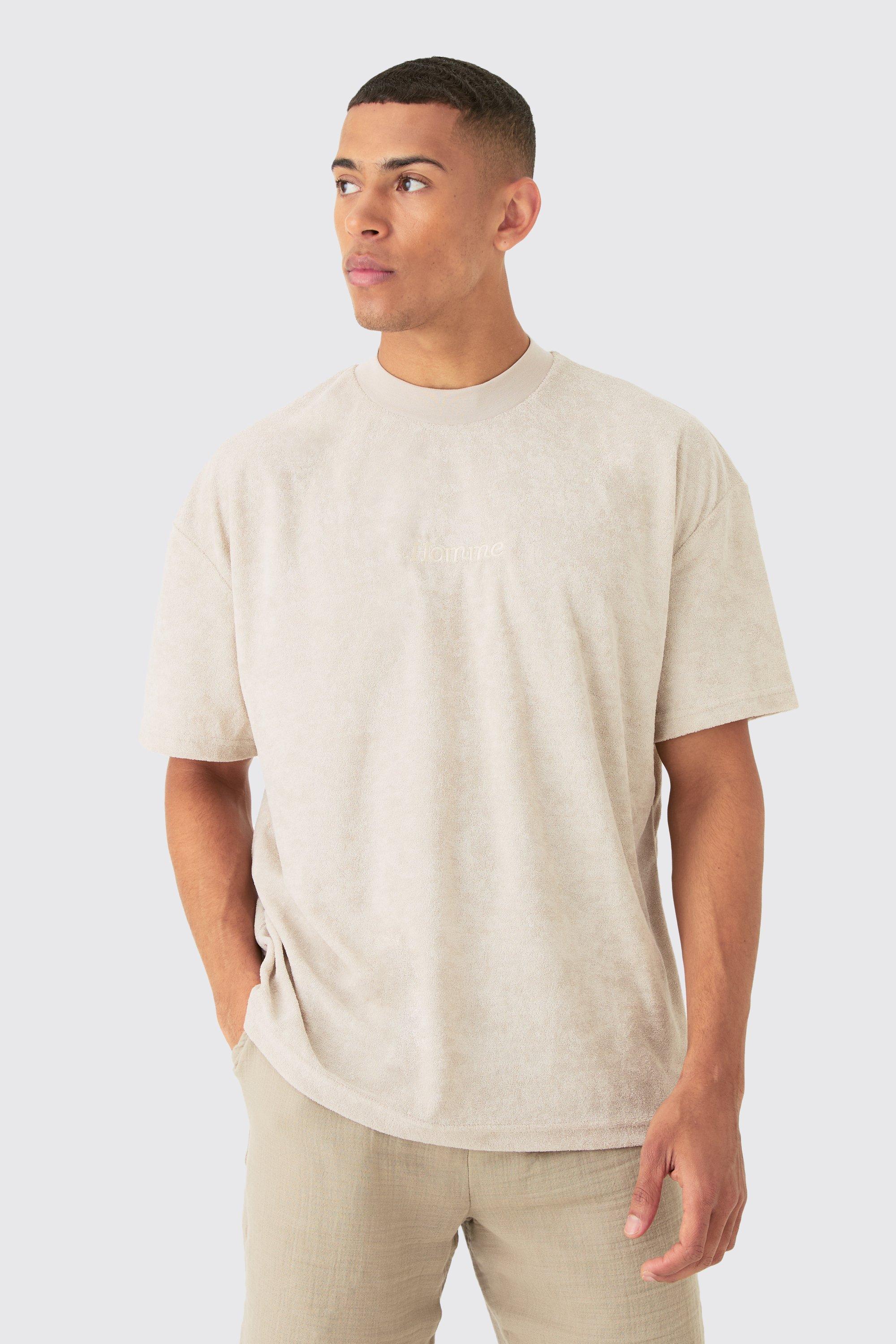 Mens Beige Oversized Extended Neck Towelling Homme T-shirt, Beige