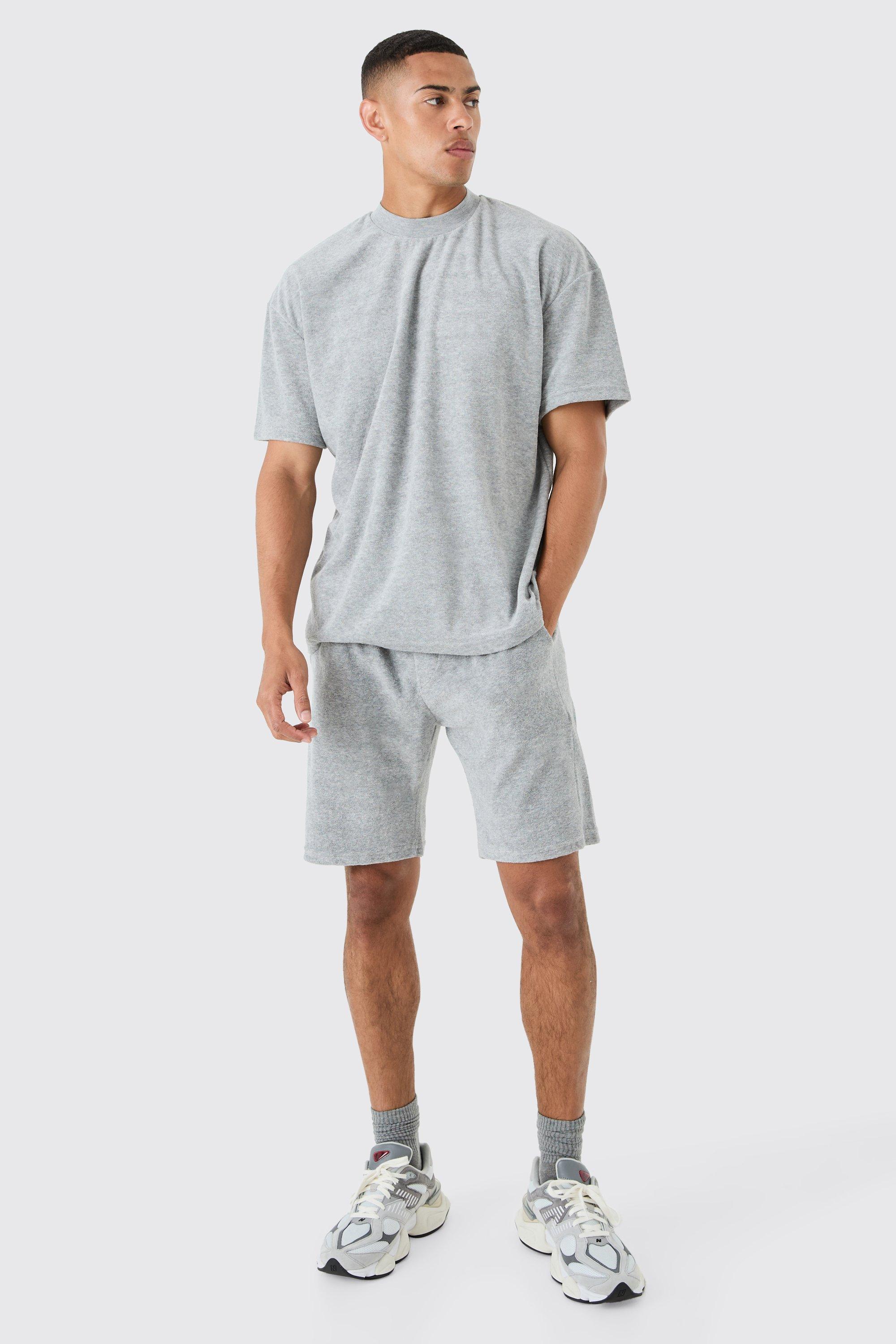 Image of Oversized Extended Neck Towelling T-shirt & Short Set, Grigio
