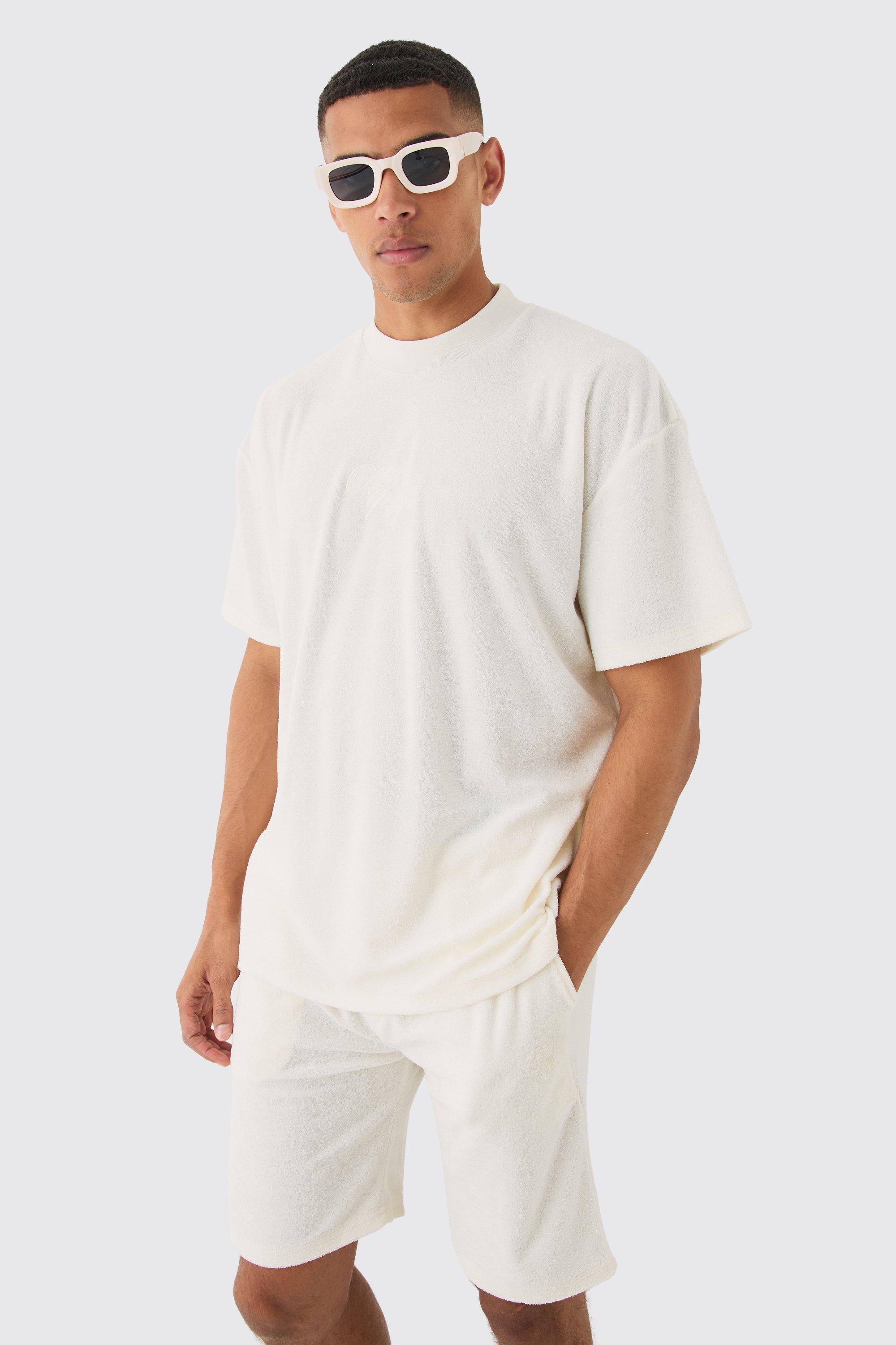 Image of Oversized Extended Neck Towelling Ofcl T-shirt & Short Set, Cream