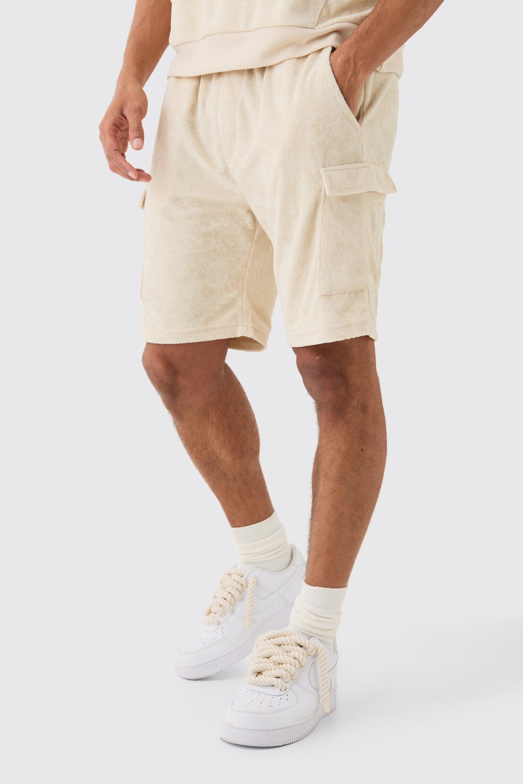 Image of Loose Fit Mid Towelling Cargo Shorts, Beige