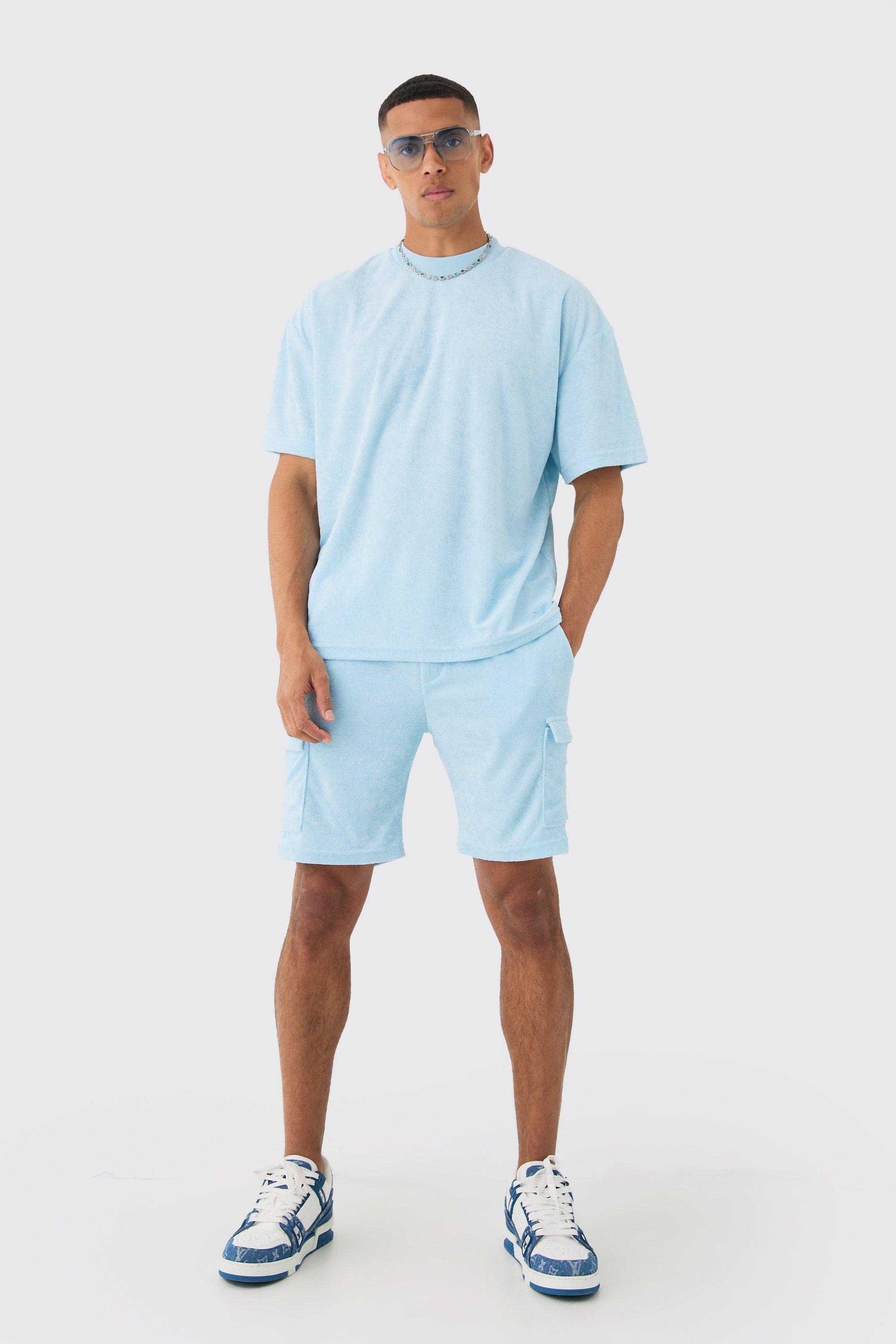 Image of Oversized Extended Neck Towelling T-shirt & Cargo Shorts, Azzurro