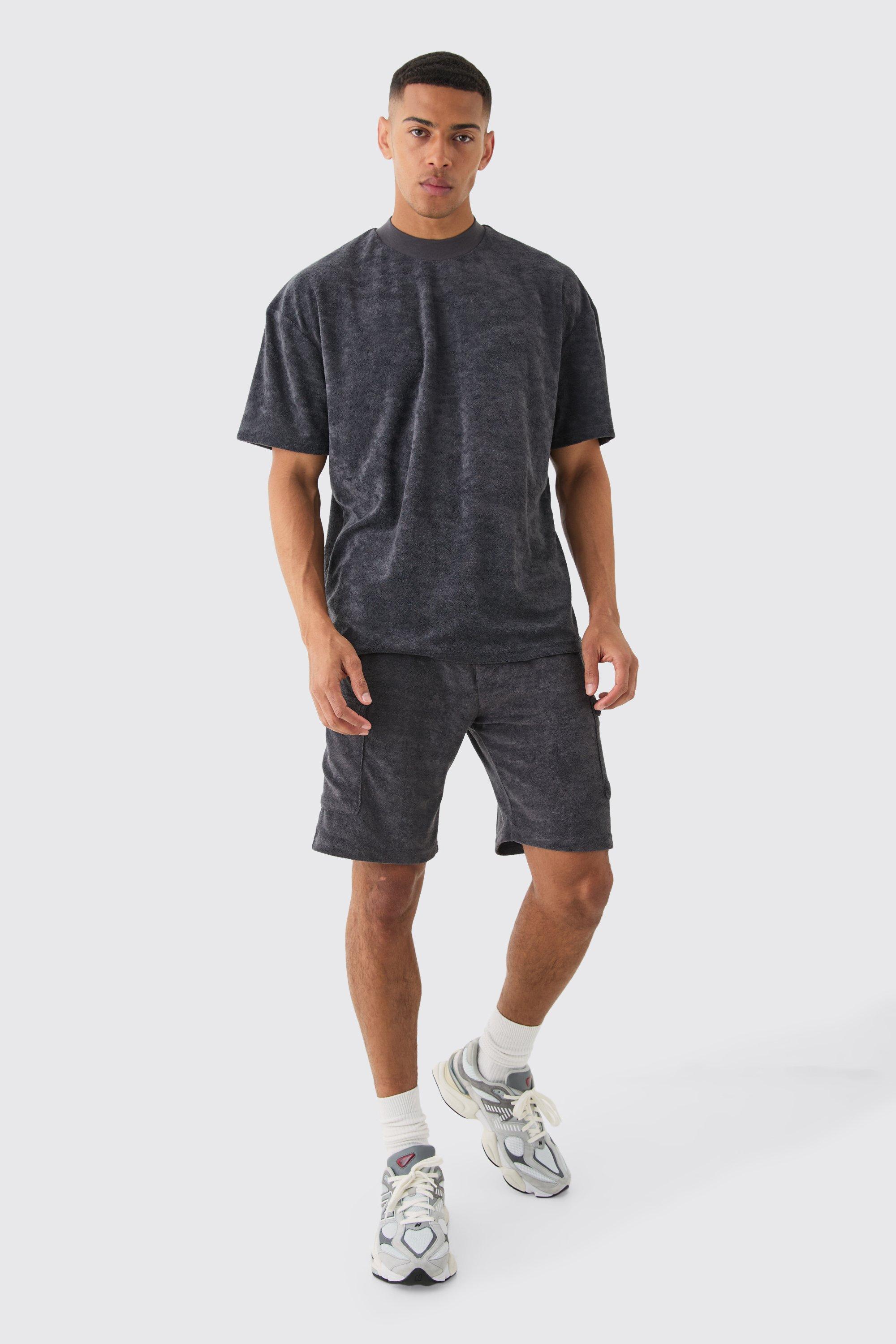 Image of Oversized Extended Neck Towelling T-shirt & Cargo Shorts, Grigio