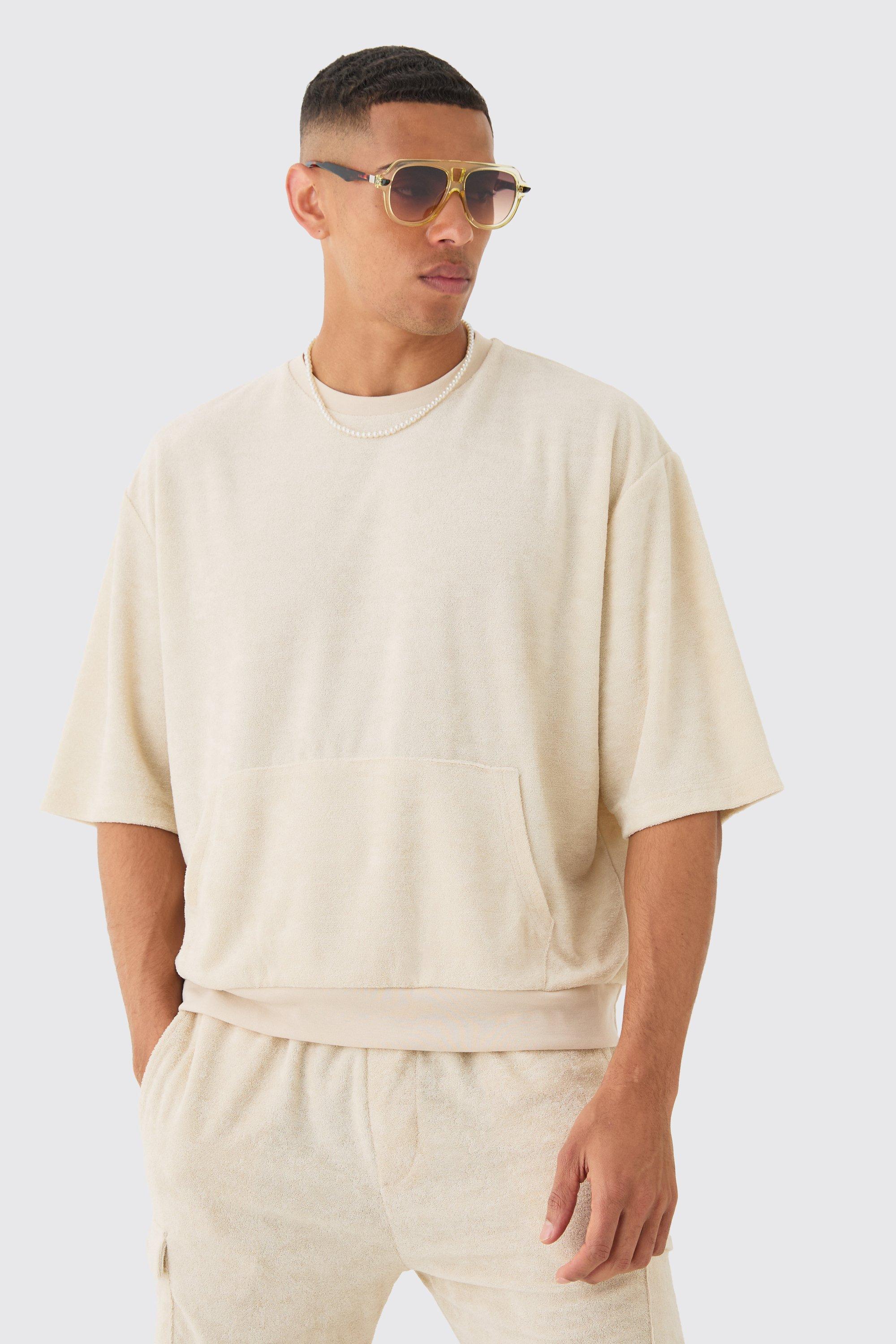 Mens Beige Short Sleeve Oversized Boxy Towelling Sweatshirt, Beige