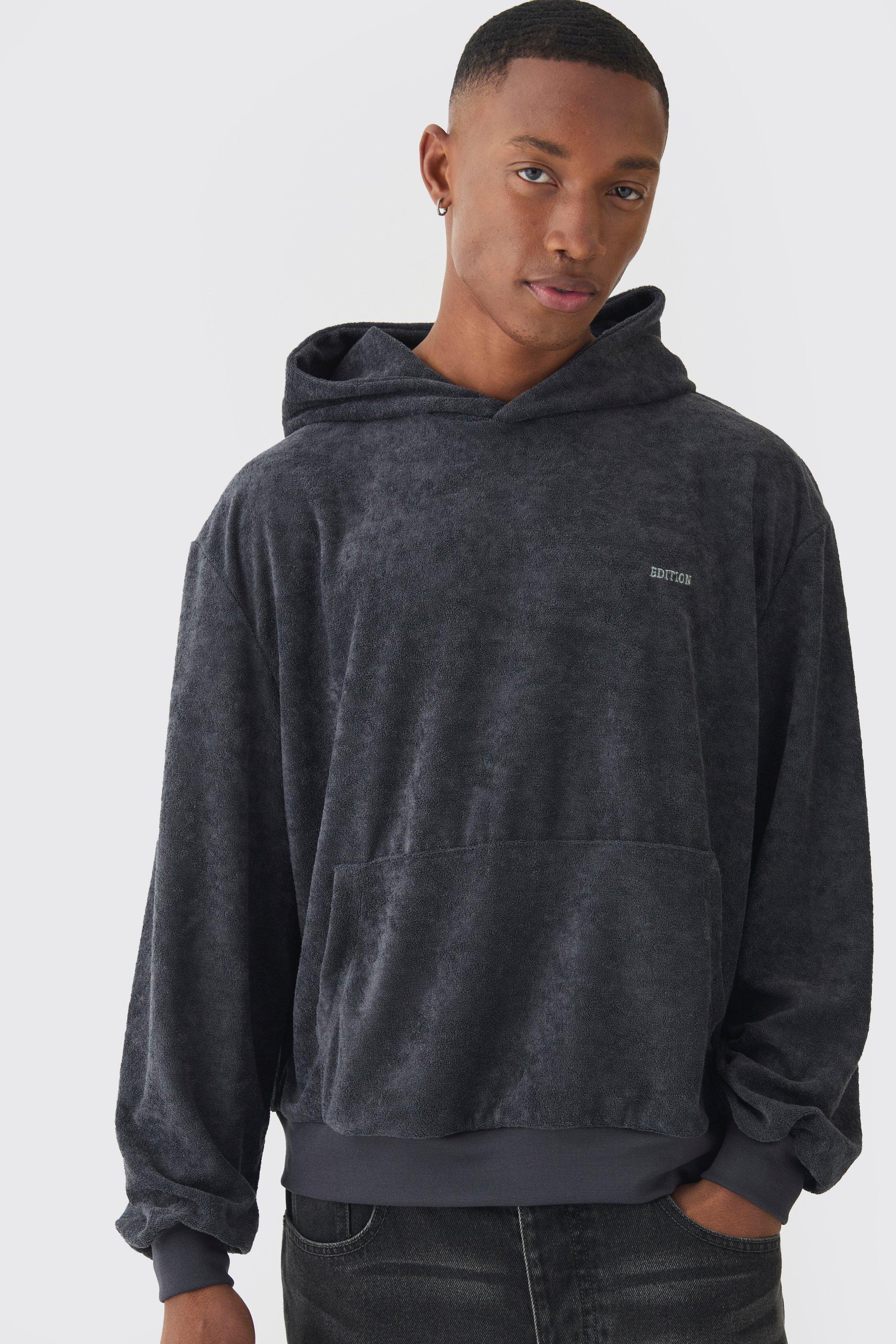 Mens Grey Oversized Boxy Towelling Edition Hoodie, Grey