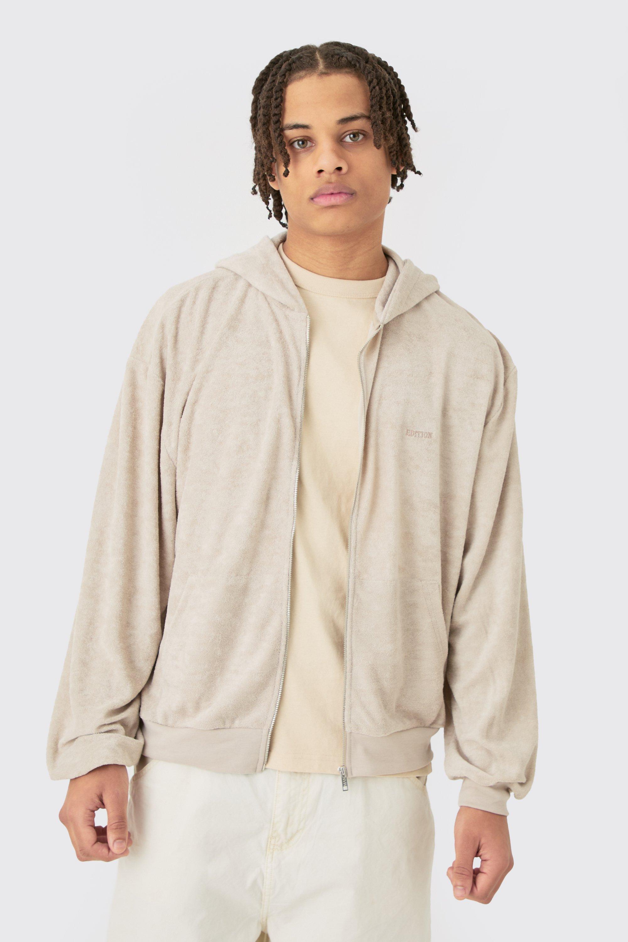 Mens Beige Oversized Boxy Zip Towelling Edition Hoodie, Beige