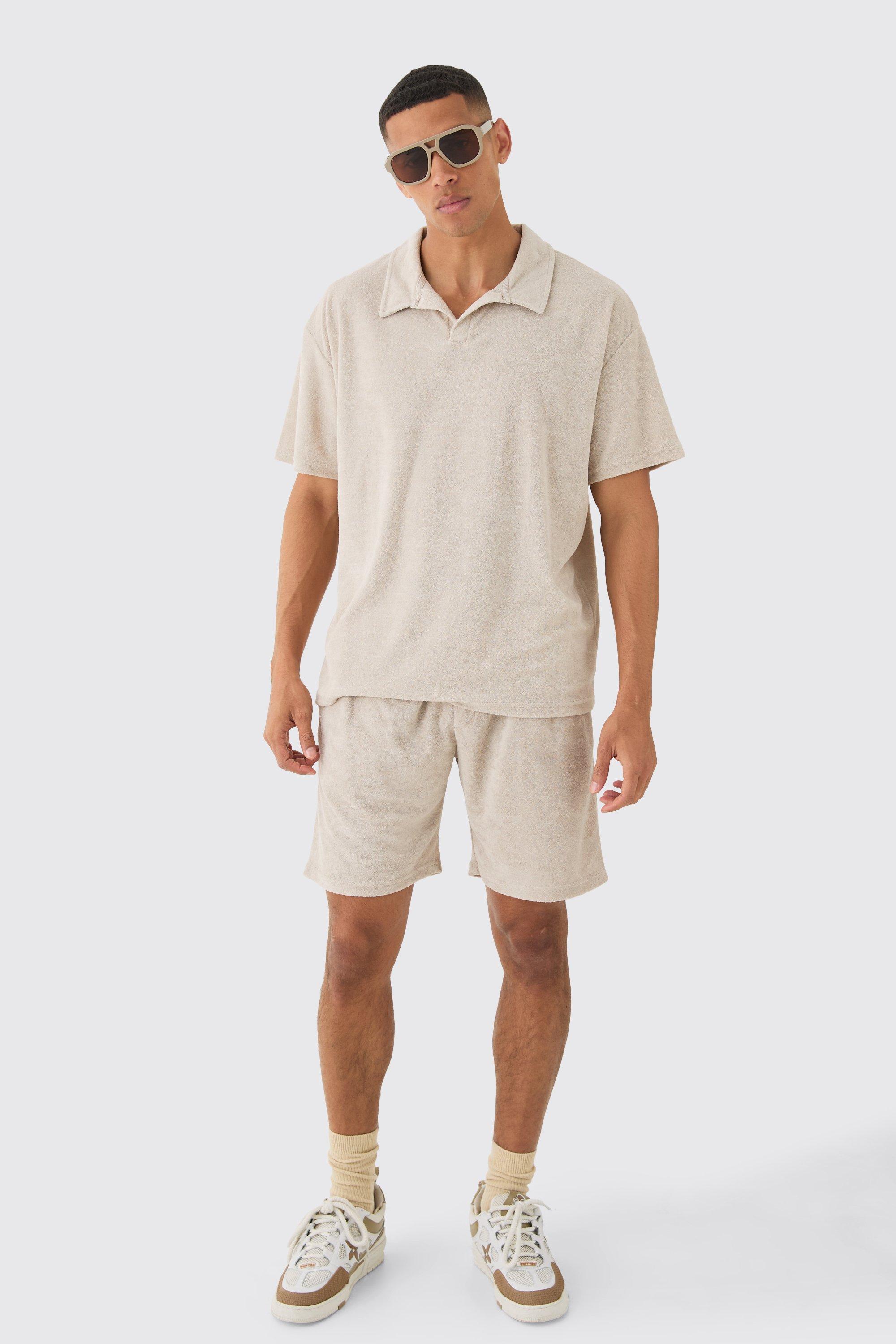 Image of Oversized Revere Towelling Polo & Shorts Set, Beige