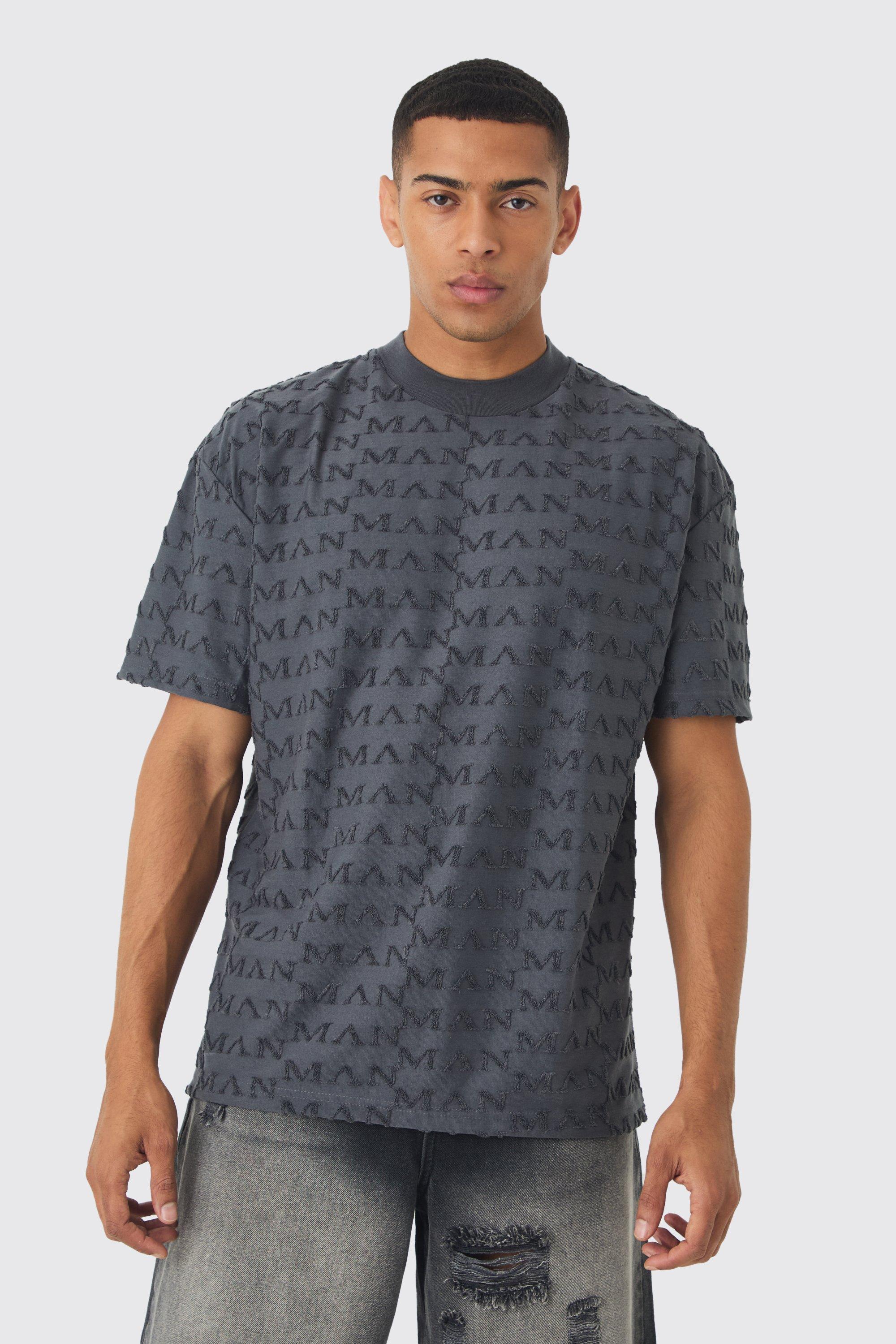 Image of Oversized Extended Neck Man Towelling Jacquard T-shirt, Grigio