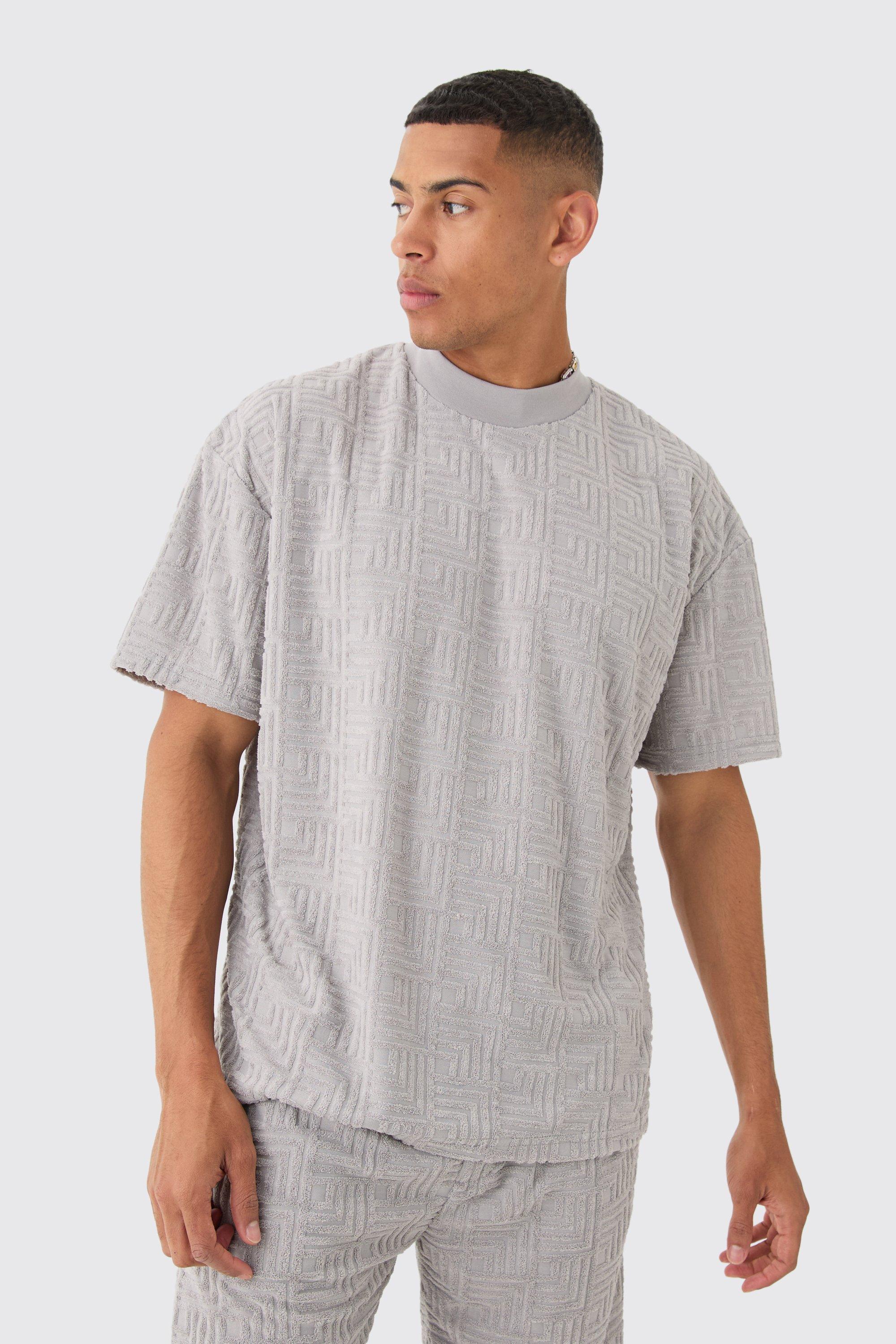 Image of Oversized Extended Neck Geo Towelling Jacquard T-shirt, Grigio