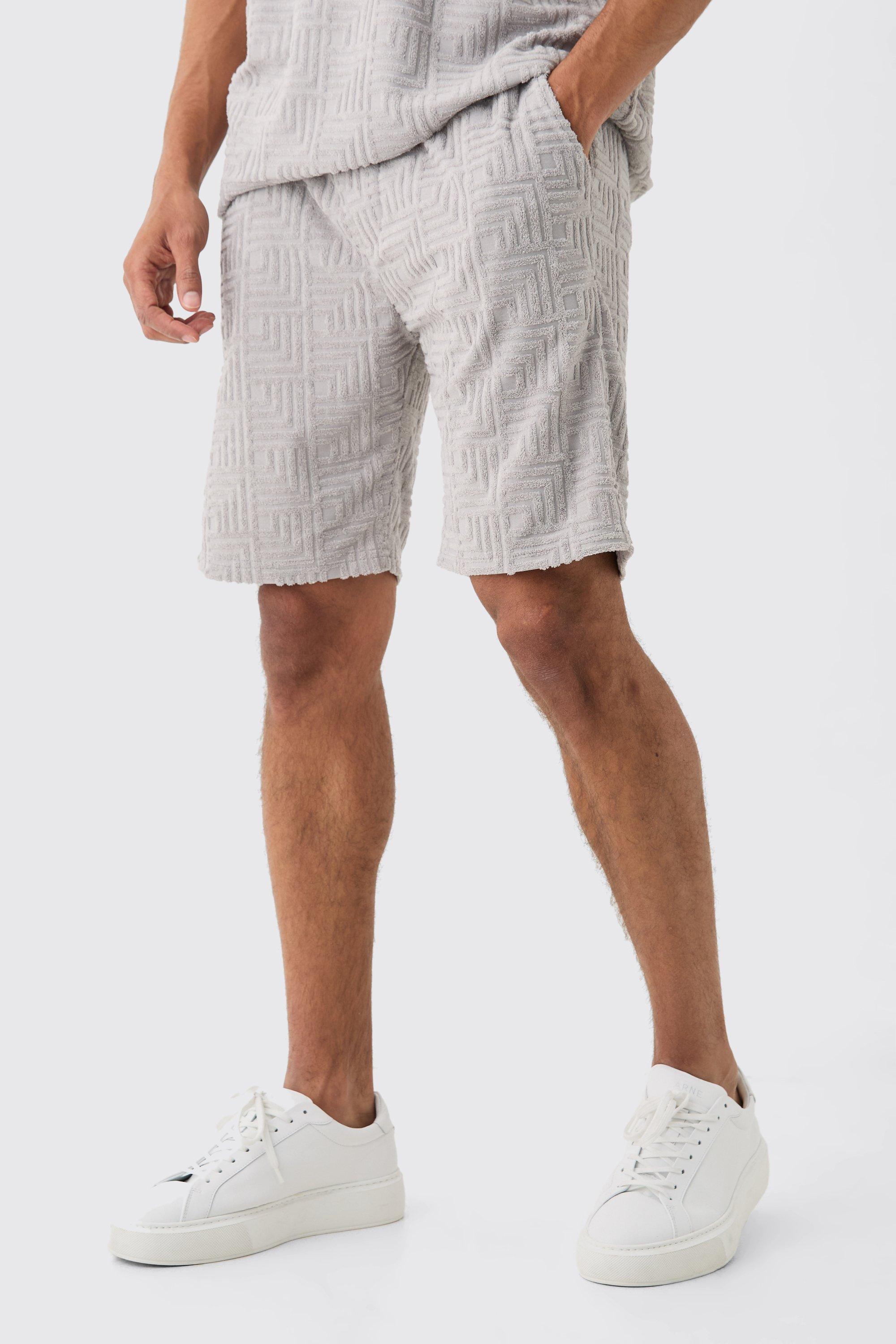 Image of Loose Fit Geo Towelling Jacquard Shorts, Grigio