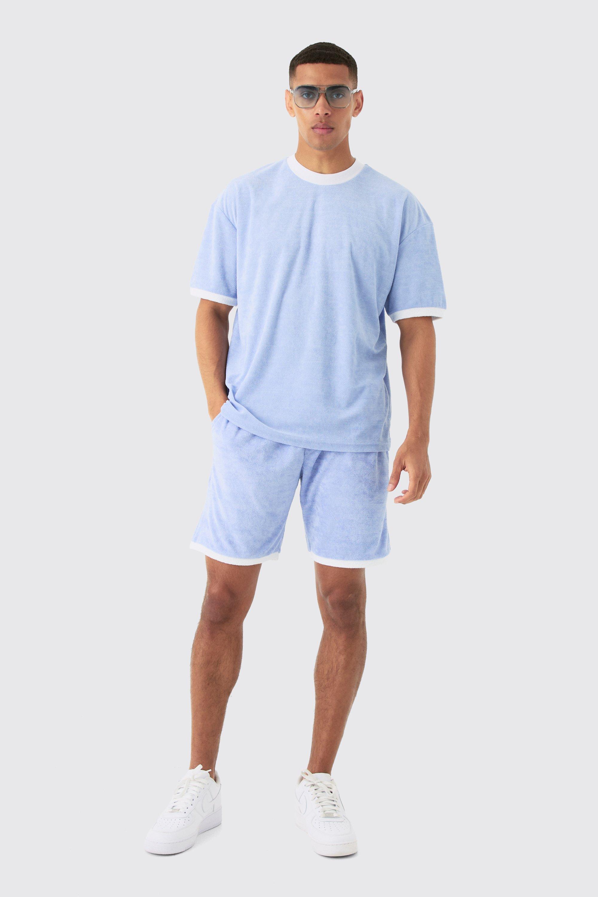 T-shirt oversize in spugna a contrasto con girocollo esteso & pantaloncini, Azzurro