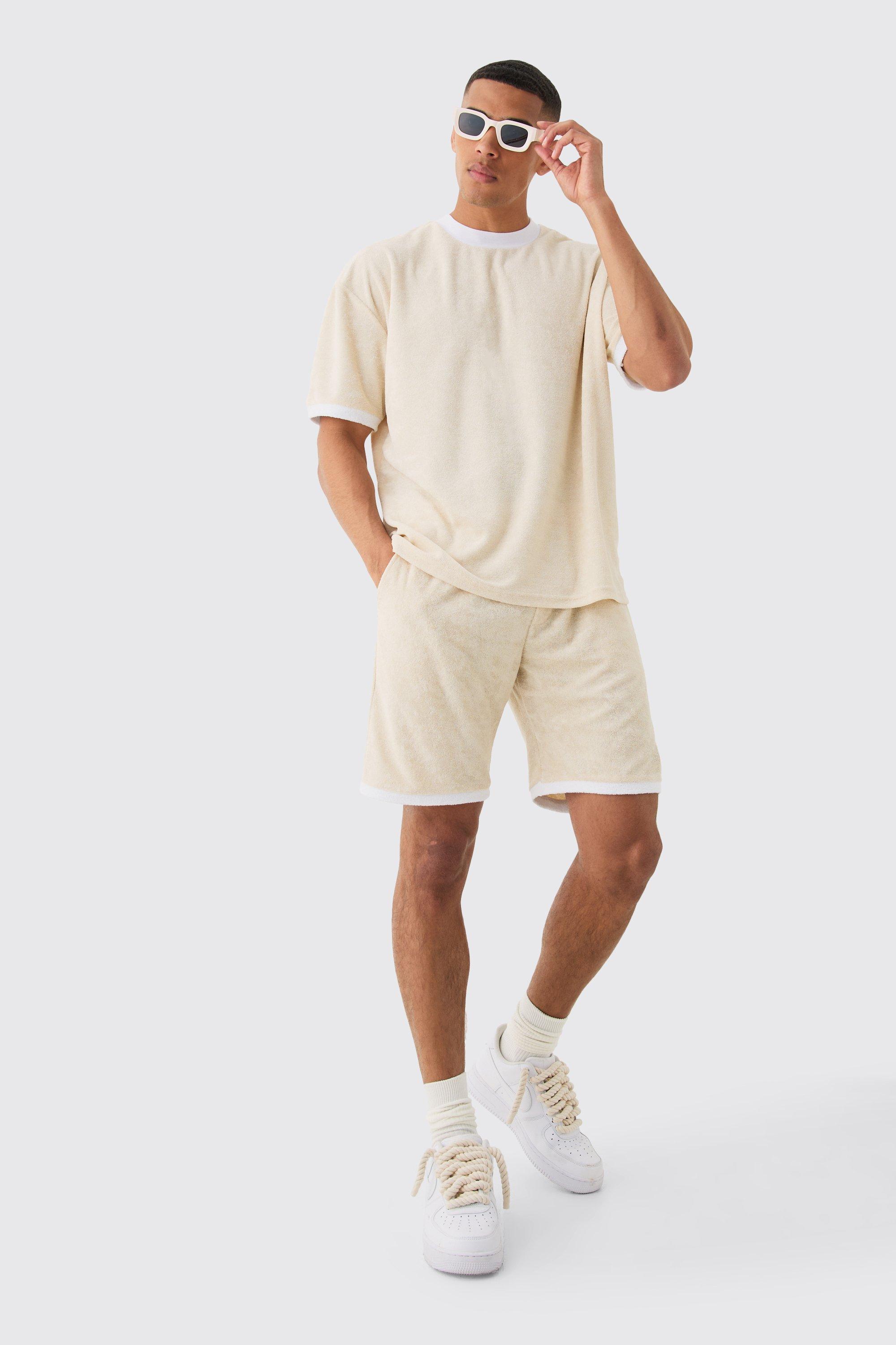 Image of Oversized Extended Neck Contrast Towelling T-shirt & Shorts, Beige