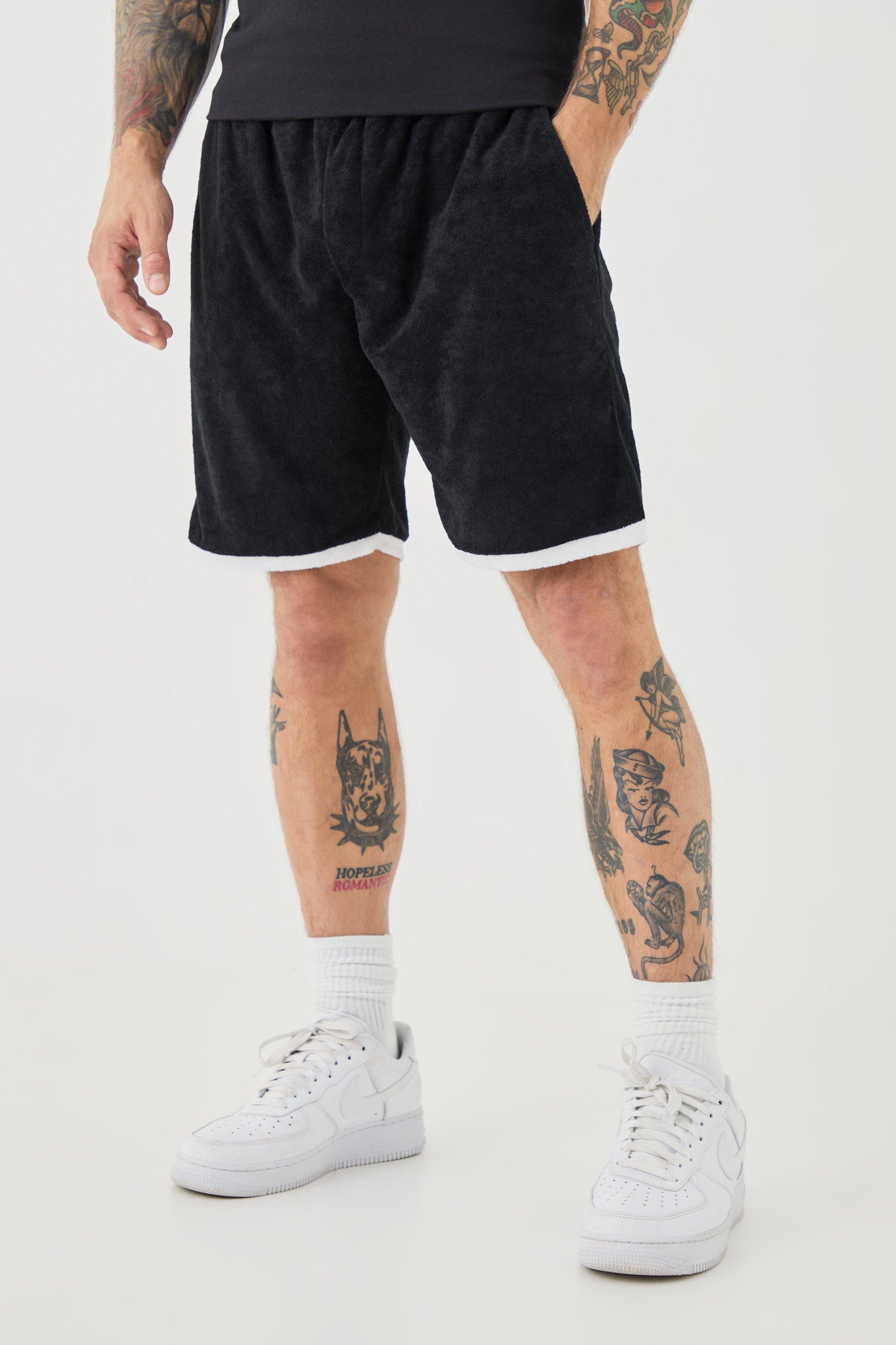 Image of Relaxed Fit Mid Contrast Towelling Shorts, Nero
