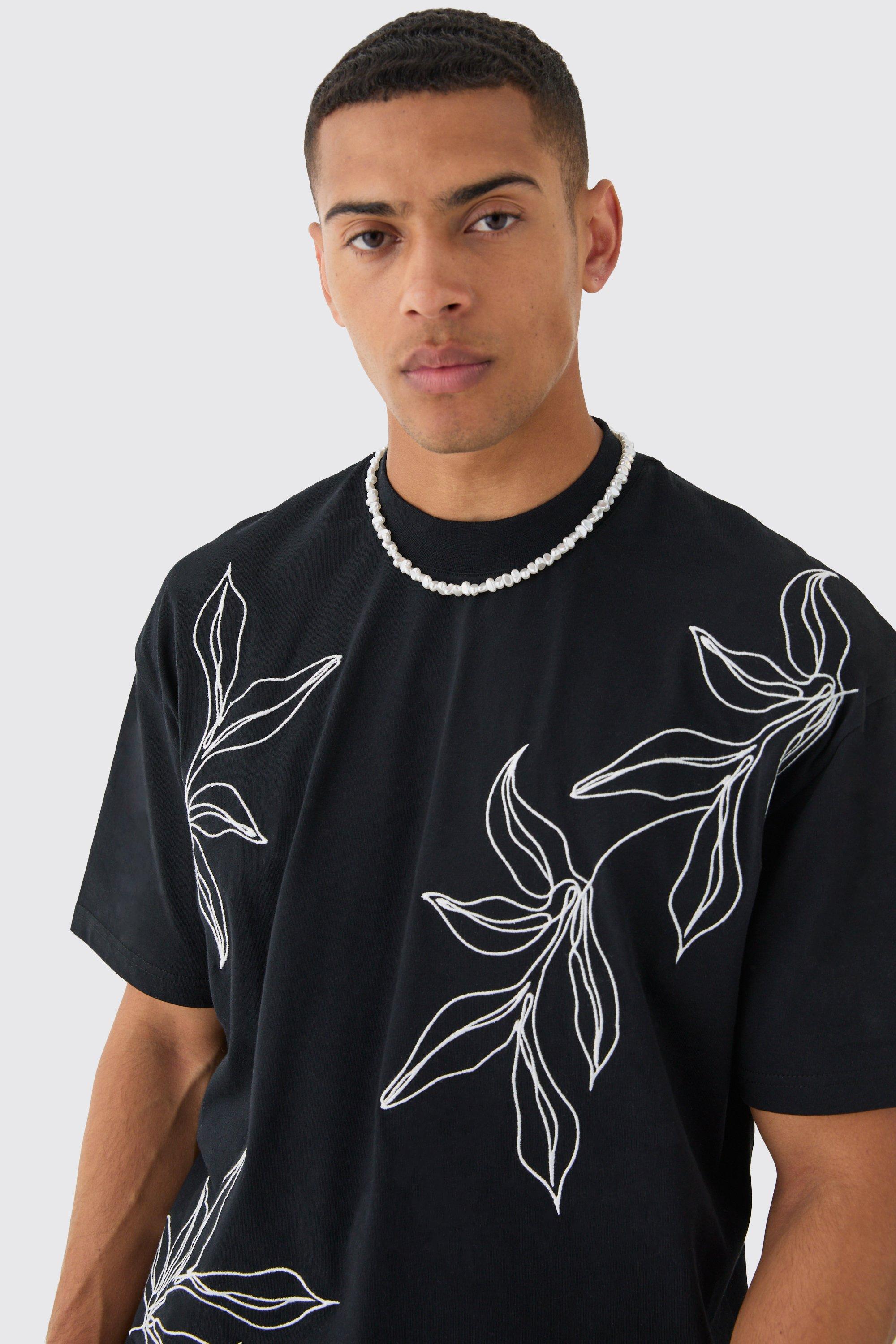 Image of Oversized Boxy Extended Neck Floral Line Embroidered T-shirt, Nero