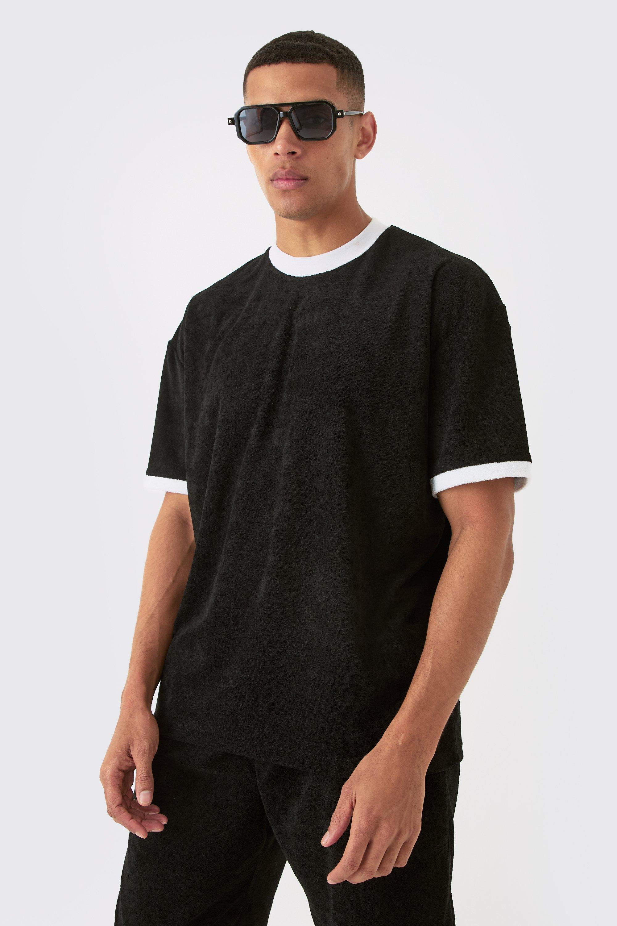 Image of Oversized Extended Neck Contrast Towelling T-shirt, Nero