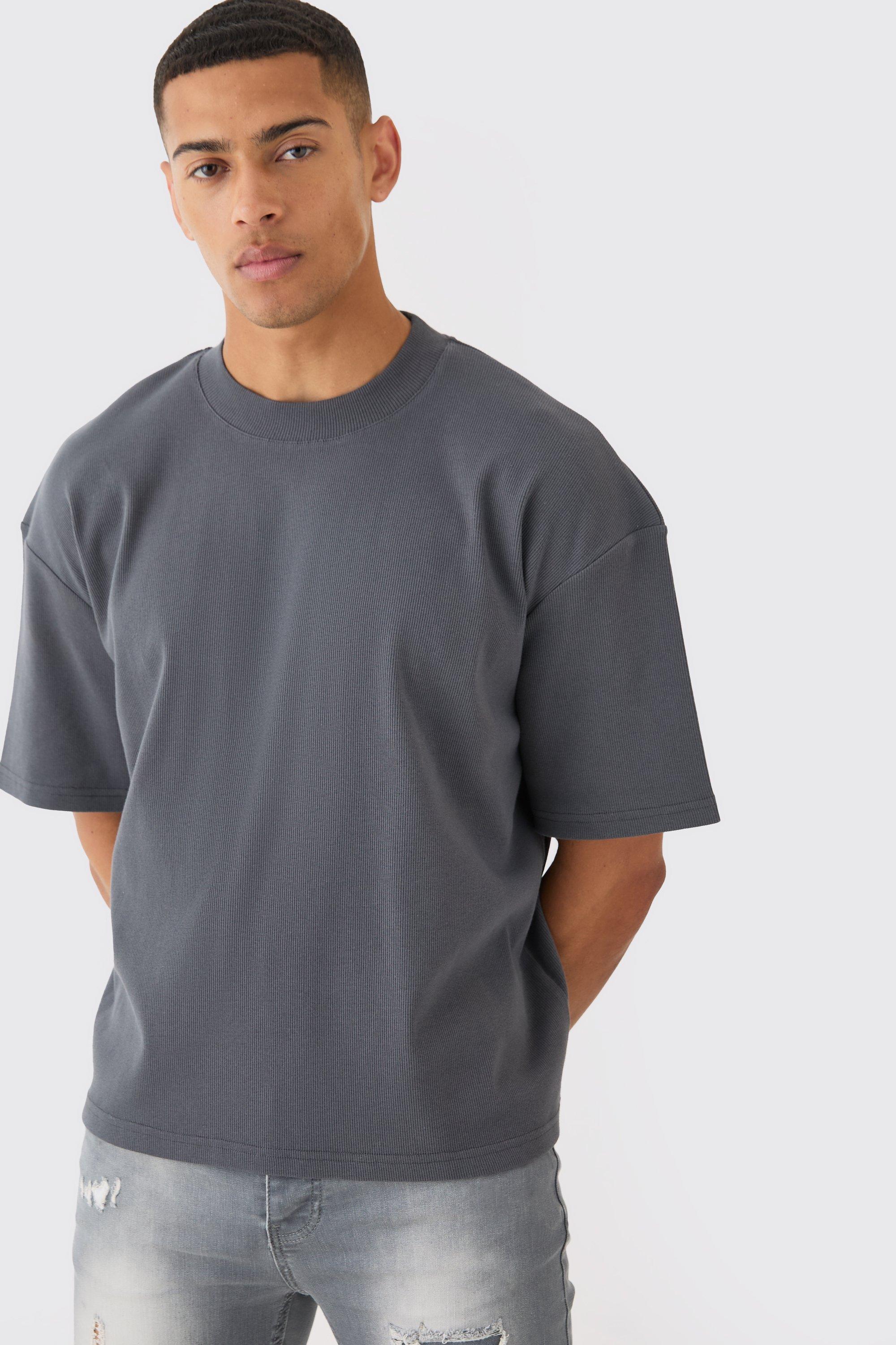 Image of Oversized Boxy Extended Neck Heavyweight Ribbed T-shirt, Grigio