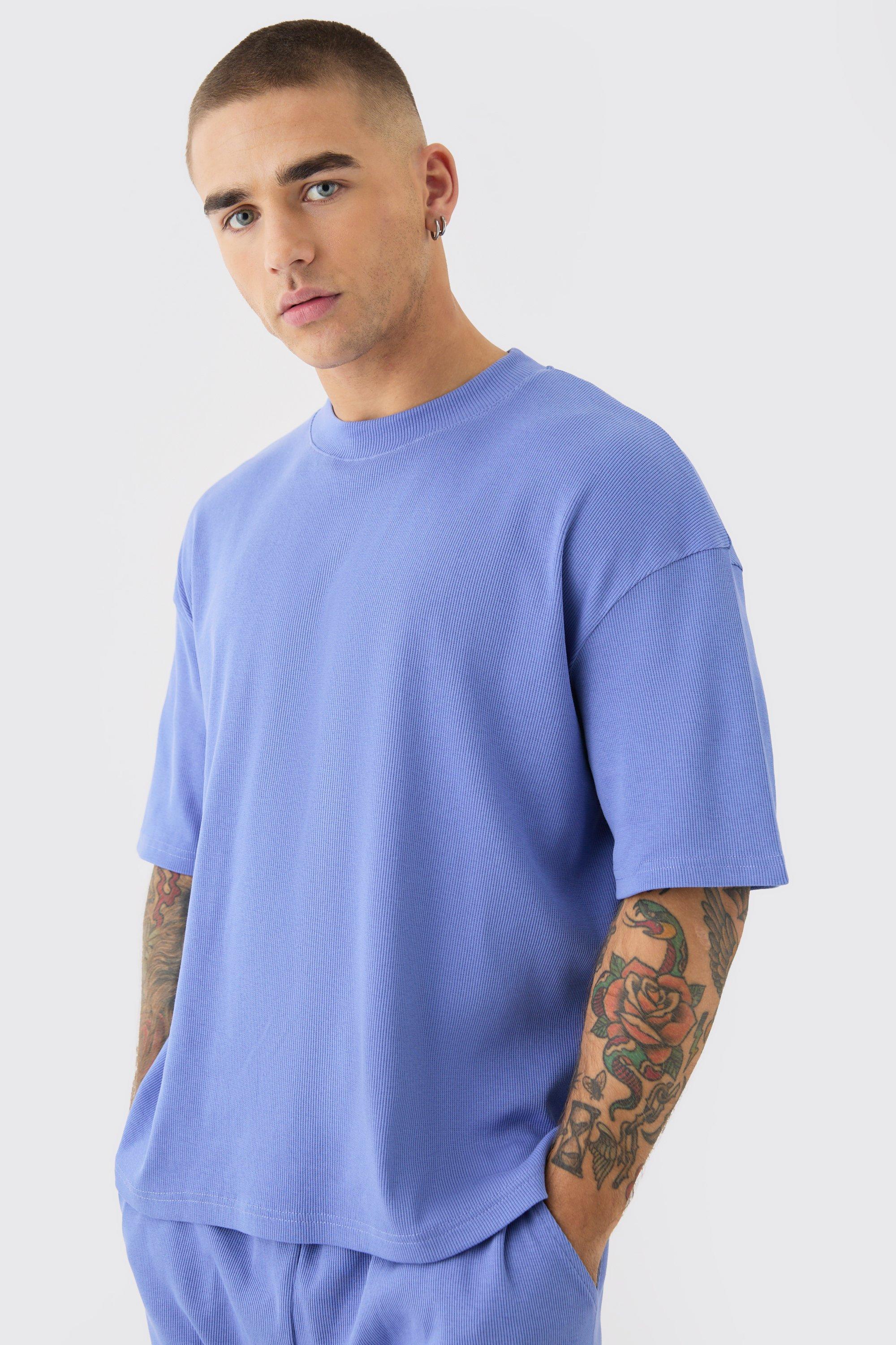 Image of Oversized Boxy Extended Neck Heavyweight Ribbed T-shirt, Azzurro