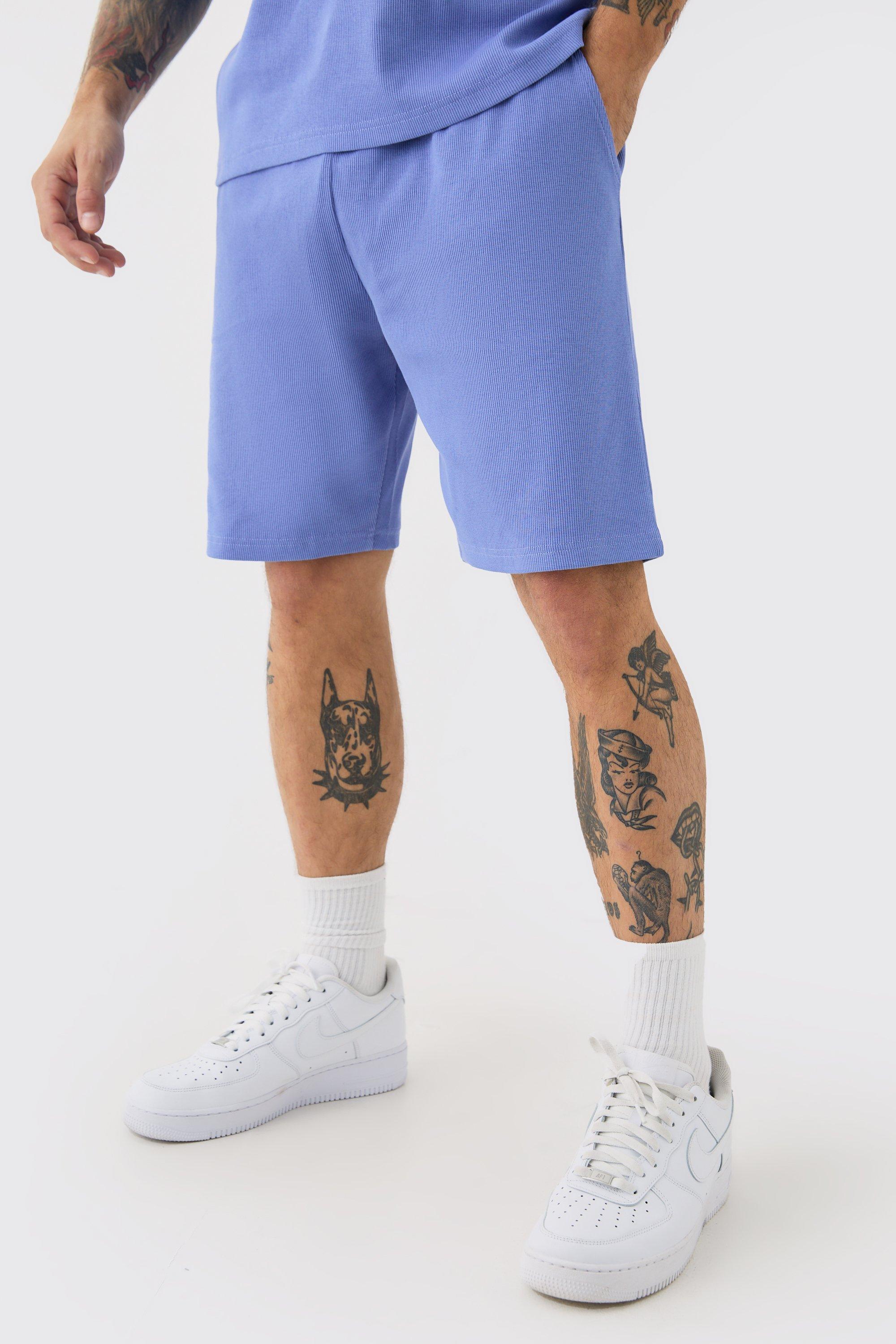Image of Loose Fit Mid Length Heavyweight Ribbed Shorts, Azzurro